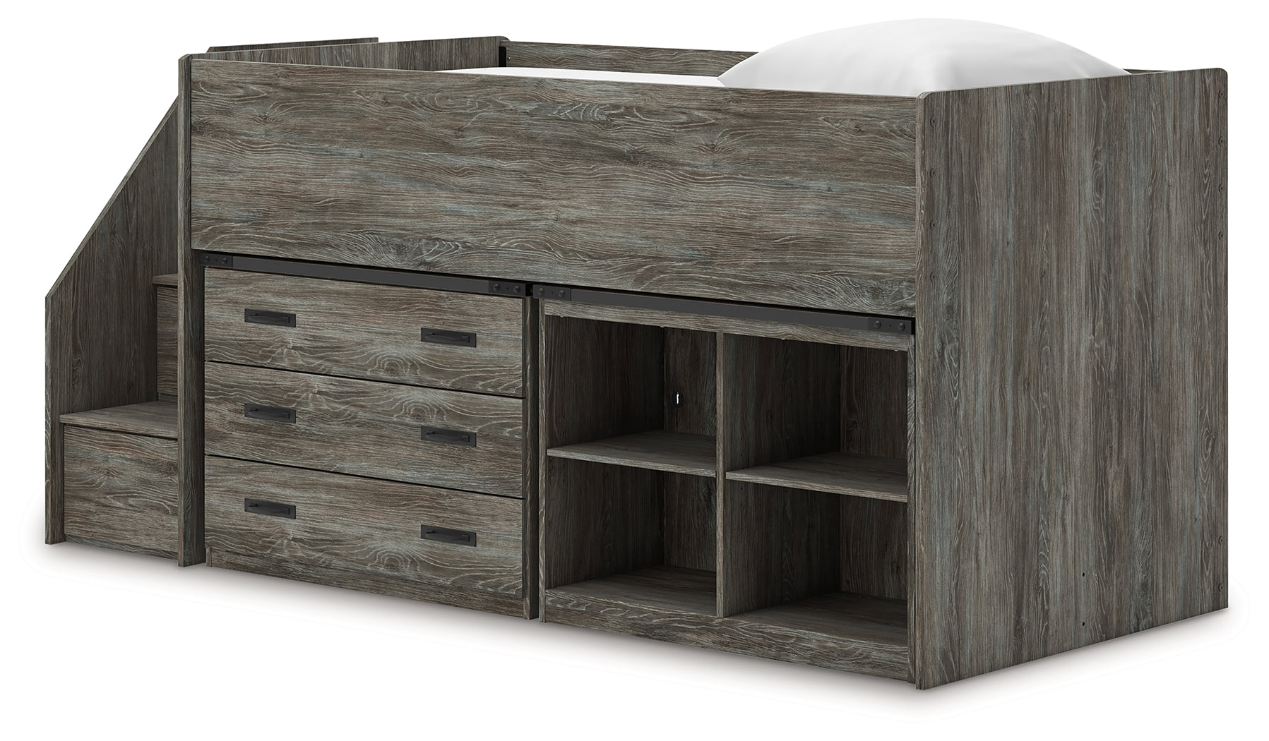 Frandern Gray Twin Loft Bed with Bookcase and Drawer Storage - B4480B16
