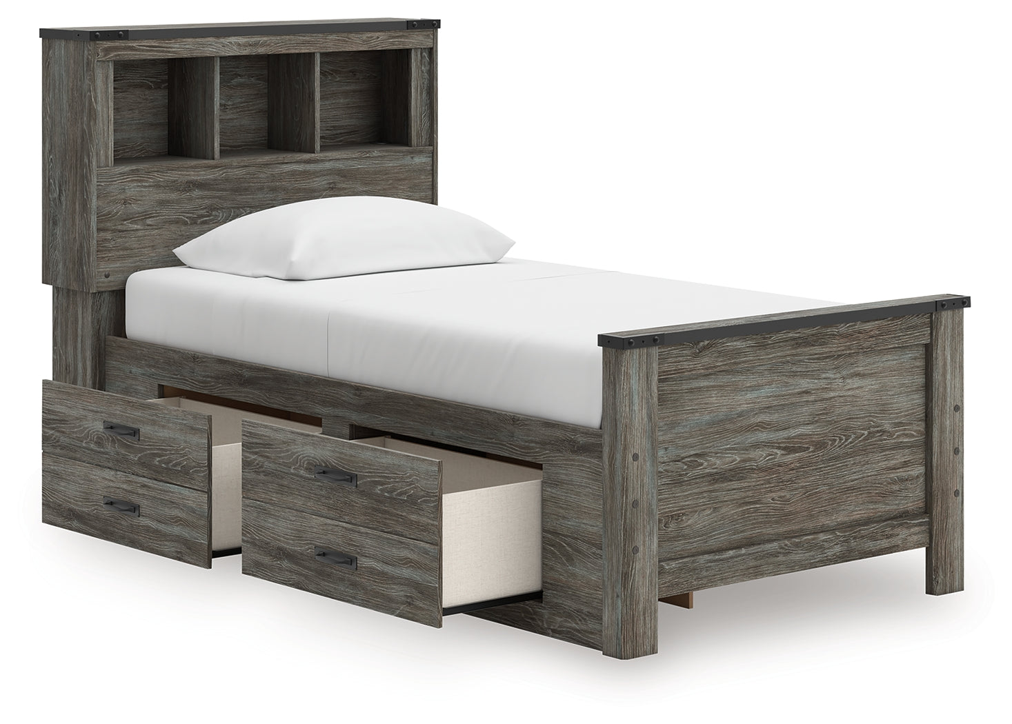 Frandern Twin Bookcase Bed with Storage, Dresser and Mirror - B4480B10