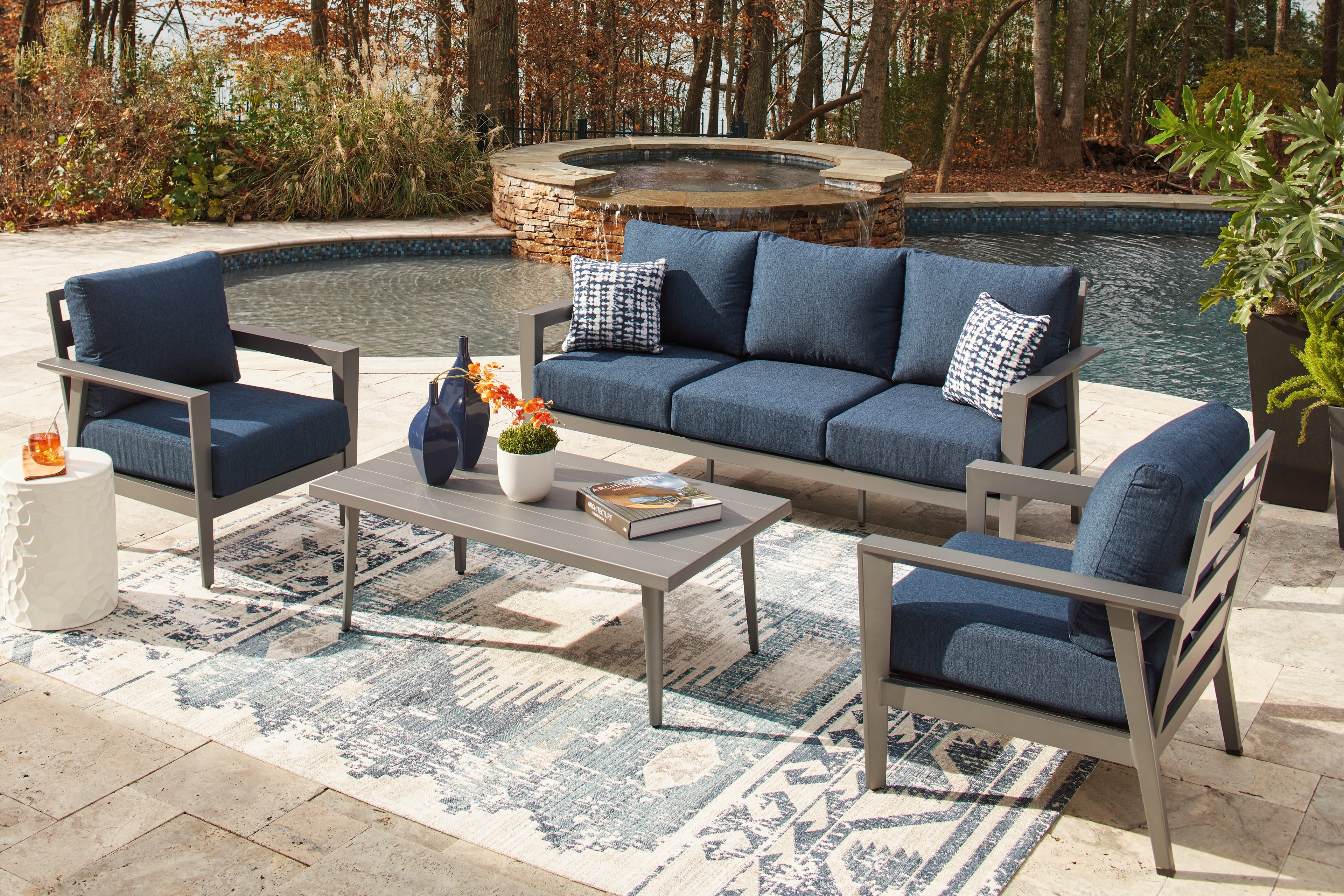 Gali Gray/Blue Outdoor Sofa/Chairs/Table Set (Set of 4) - P275-081