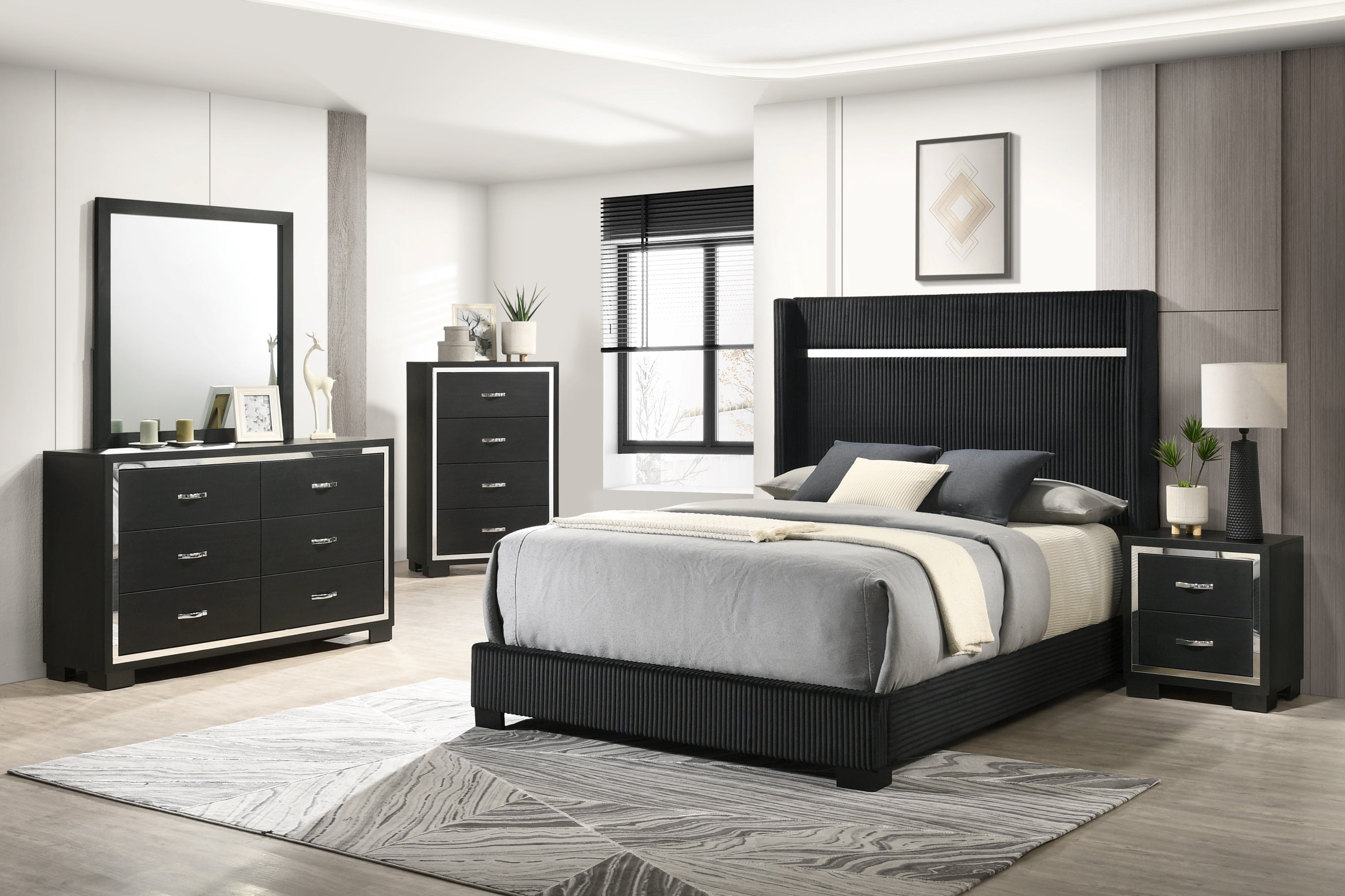 Gennro Black Corduroy Upholstered Panel Bedroom Set - SET | B9295-Q-HBFB | B9295-KQ-RAIL | B9295-2 | B9295-4 - Bien Home Furniture &amp; Electronics