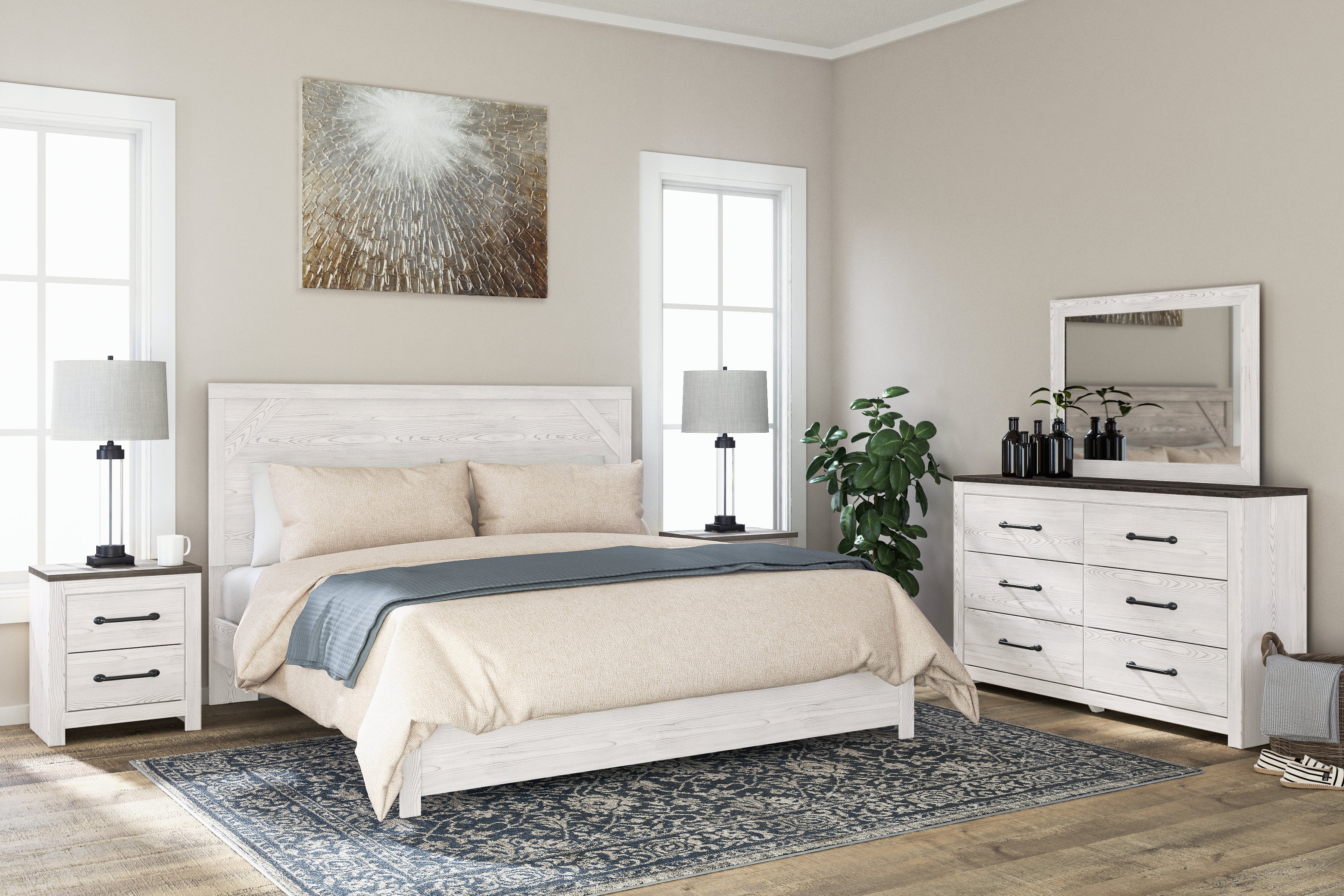 Gerridan White/Gray King Panel Bed, Dresser, Mirror and 2 Nightstands - B1190B19