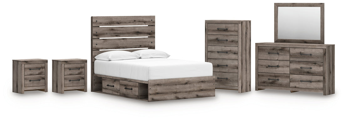 Graystorm Full Panel Bed with Storage with Mirrored Dresser, Chest and 2 Nightstands in Brown Gray from Ashley - Luna Furniture