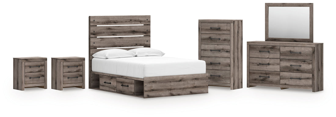 Graystorm Full Panel Bed with Storage with Mirrored Dresser, Chest and 2 Nightstands in Brown Gray from Ashley - Luna Furniture