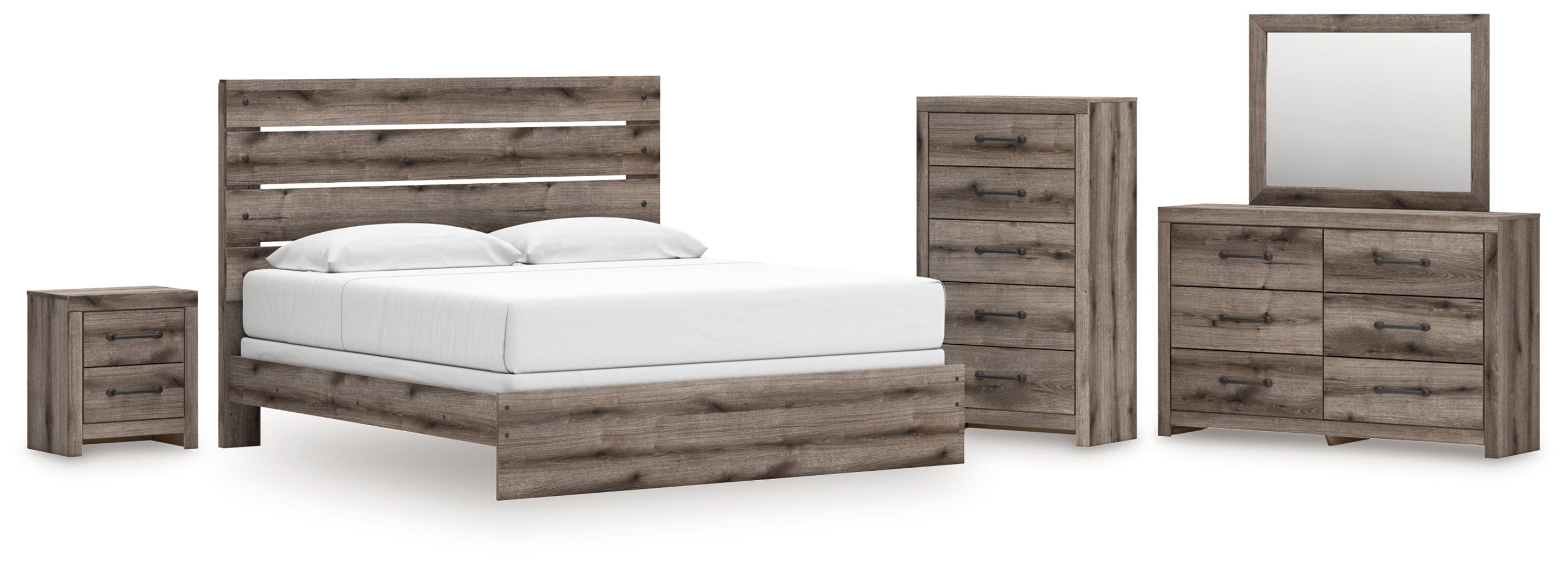 Graystorm King Panel Bed with Mirrored Dresser, Chest and Nightstand in Brown Gray from Ashley - Luna Furniture