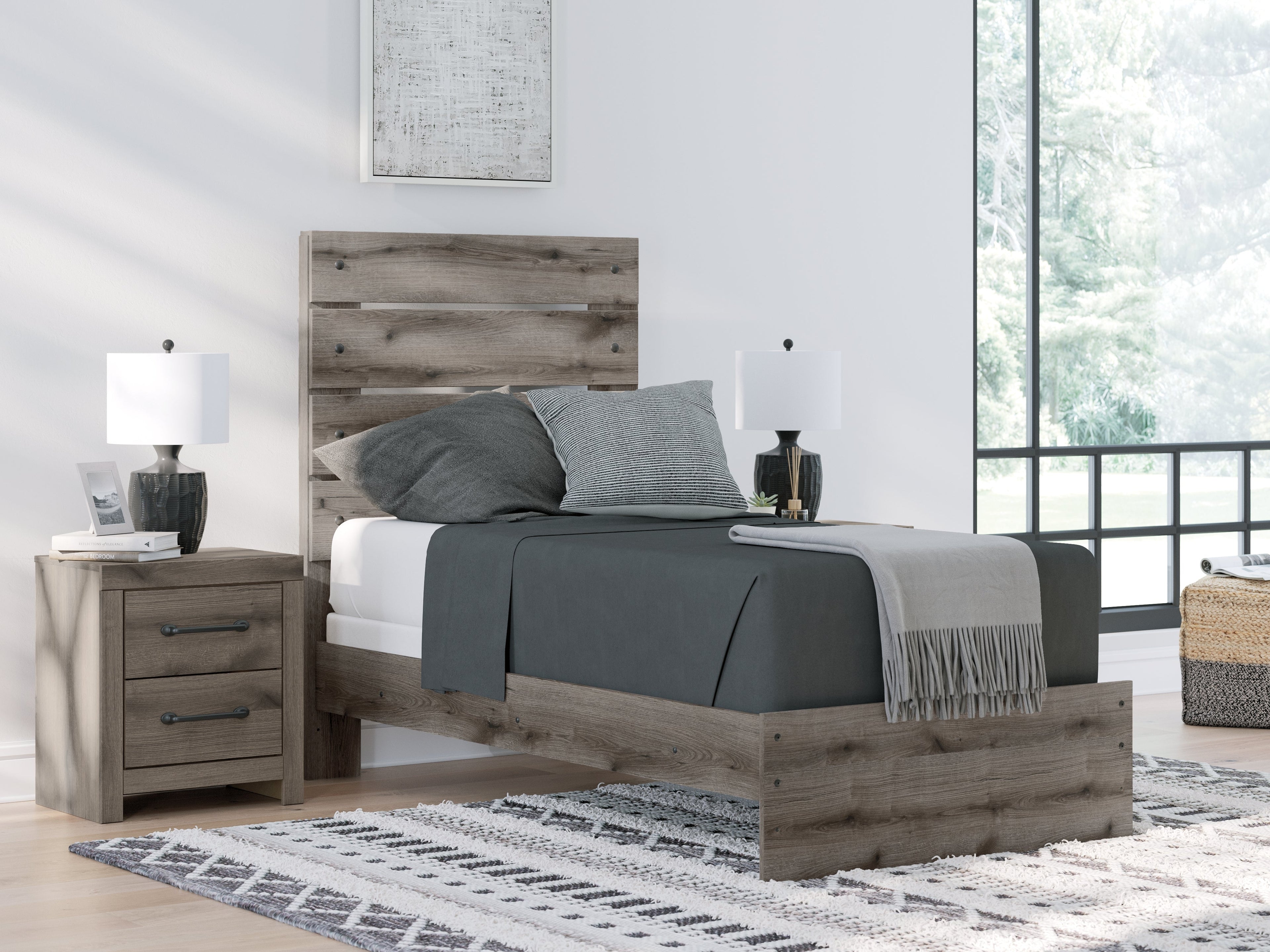 Graystorm Twin Panel Bed with Mirrored Dresser, Chest and 2 Nightstands in Brown Gray from Ashley - Luna Furniture