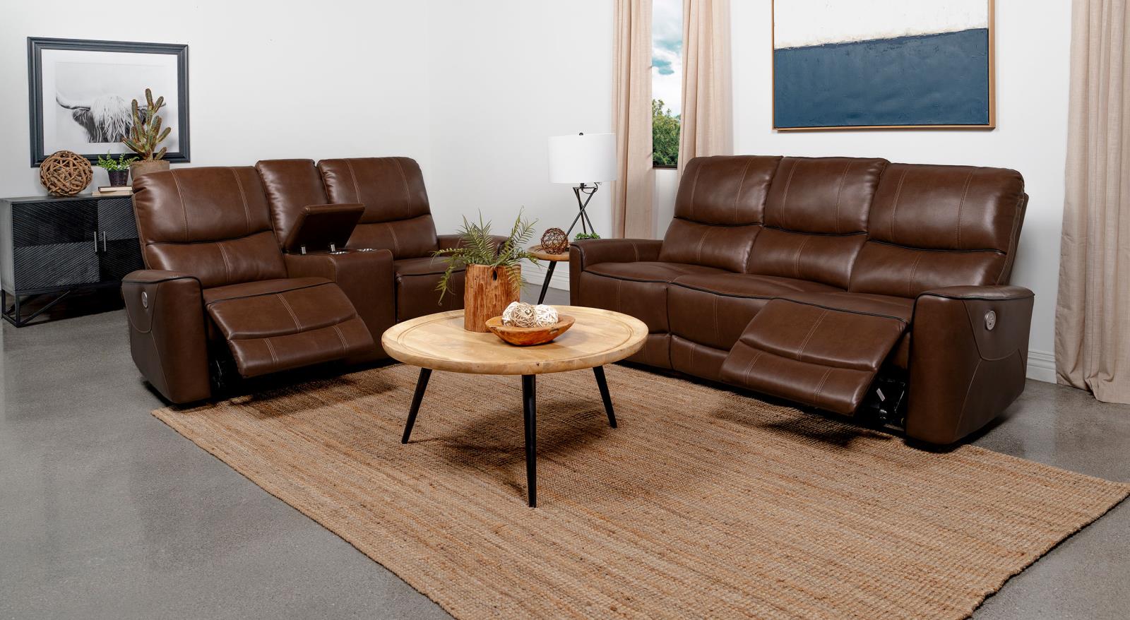 Greenfield Saddle Brown 2-Piece Upholstered Power Reclining Living Room Set from Coaster - Luna Furniture