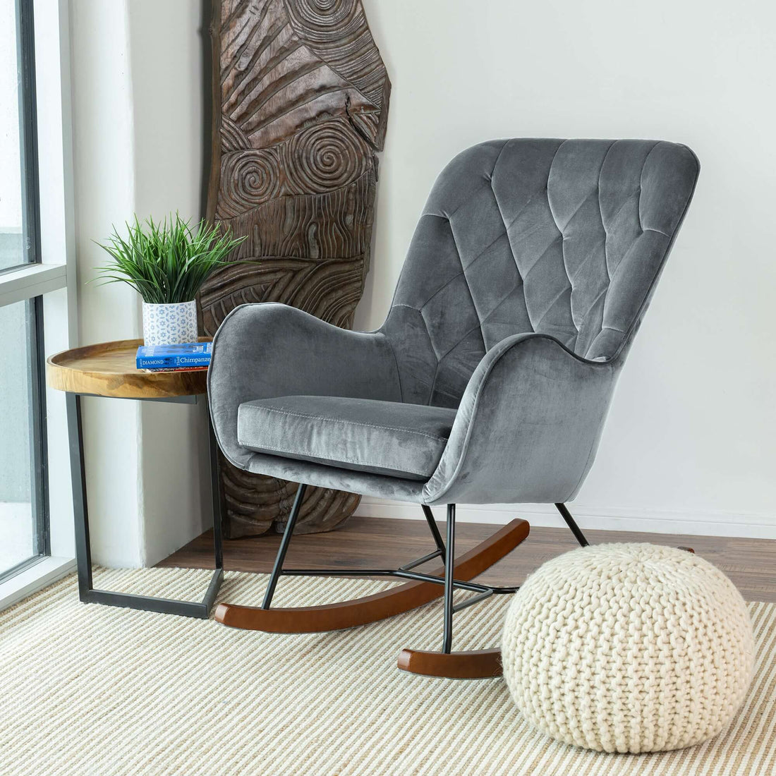 Hannah Mid Century Modern Rocking Chair In Dark Grey - RCH01900401