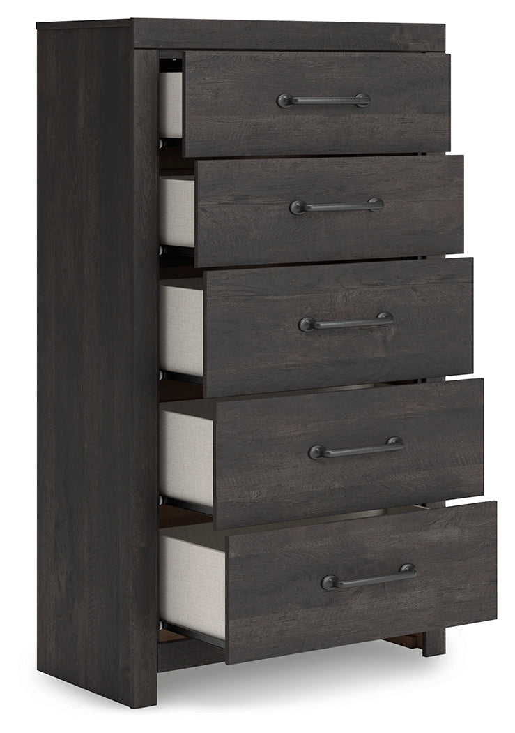 Hollivern Full Panel Bed with Mirrored Dresser, Chest and Nightstand in Dark Gray from Ashley - Luna Furniture