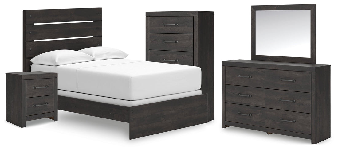 Hollivern Full Panel Bed with Mirrored Dresser, Chest and Nightstand in Dark Gray from Ashley - Luna Furniture