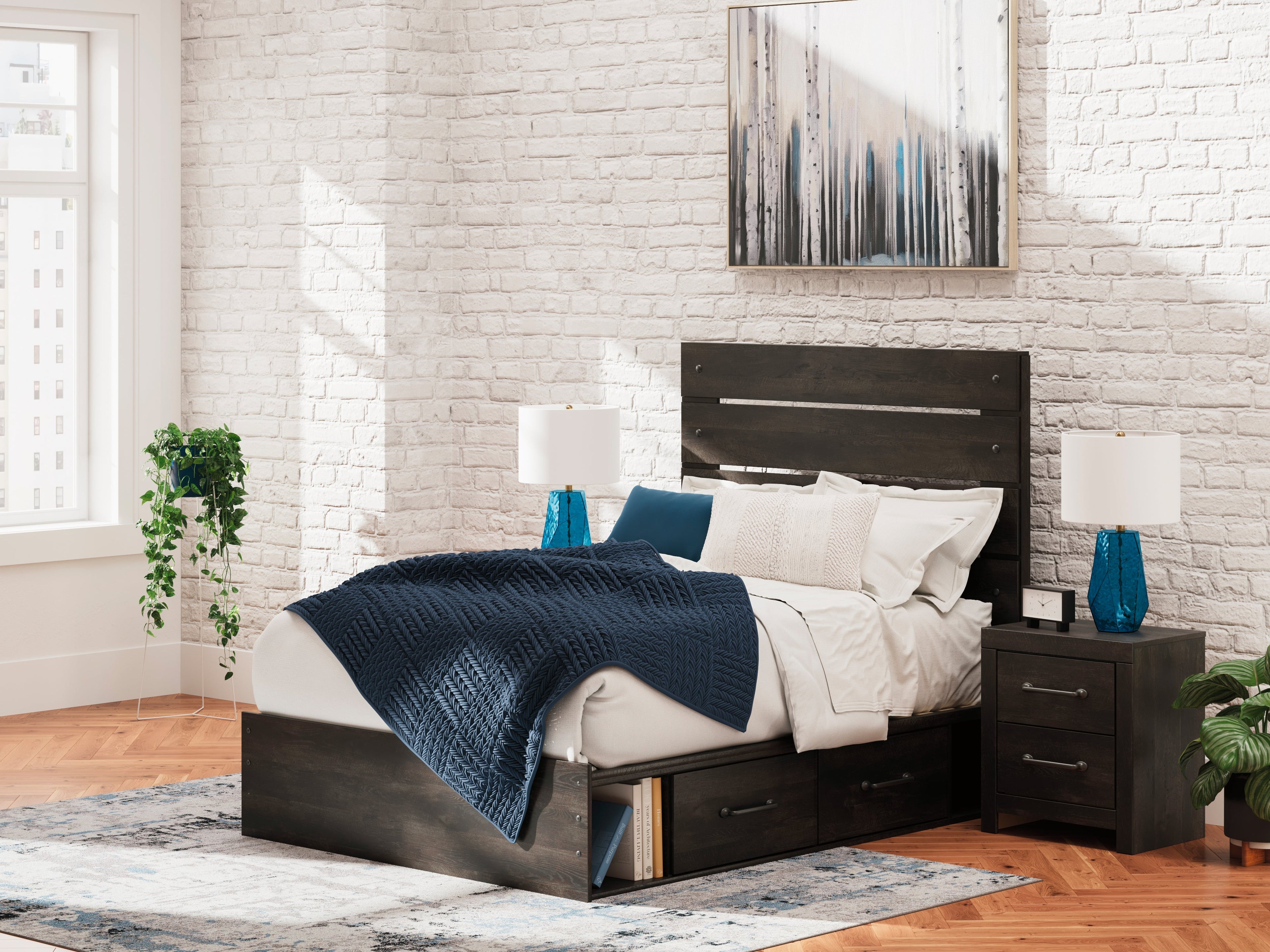 Hollivern Full Panel Bed with Storage with Mirrored Dresser and 2 Nightstands in Dark Gray from Ashley - Luna Furniture