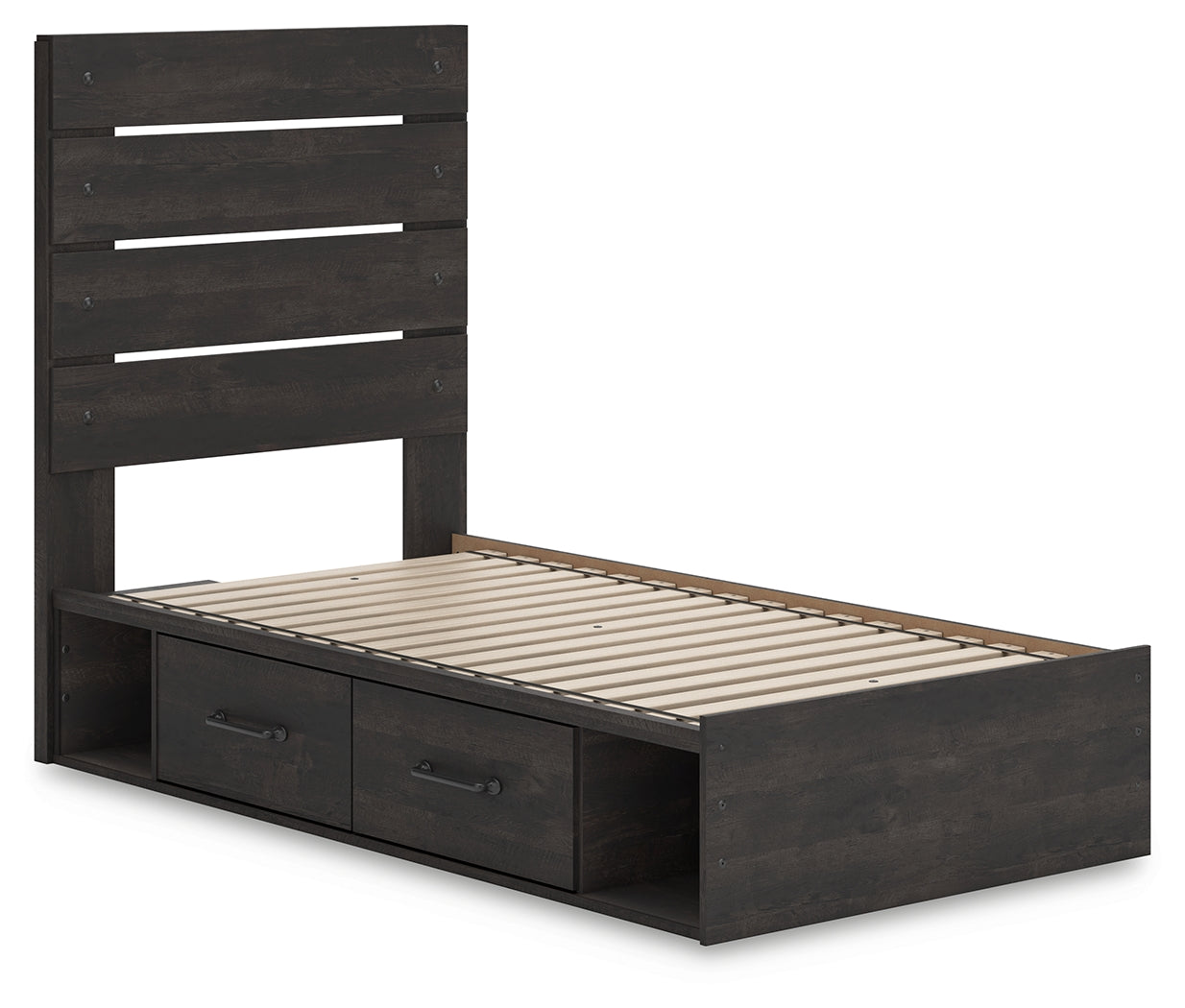 Hollivern Twin Panel Bed with Storage with Mirrored Dresser in Dark Gray from Ashley - Luna Furniture