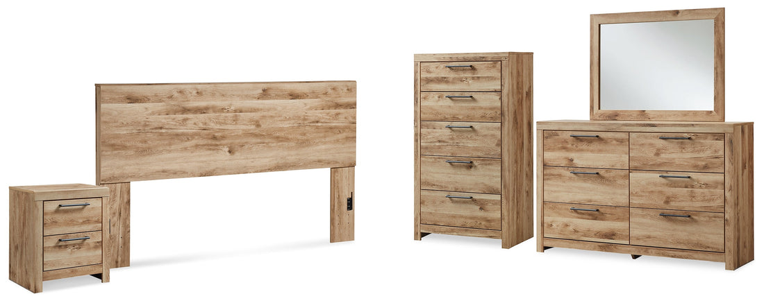 Hyanna King Panel Headboard with Mirrored Dresser, Chest and Nightstand in Tan Brown - PKG015294