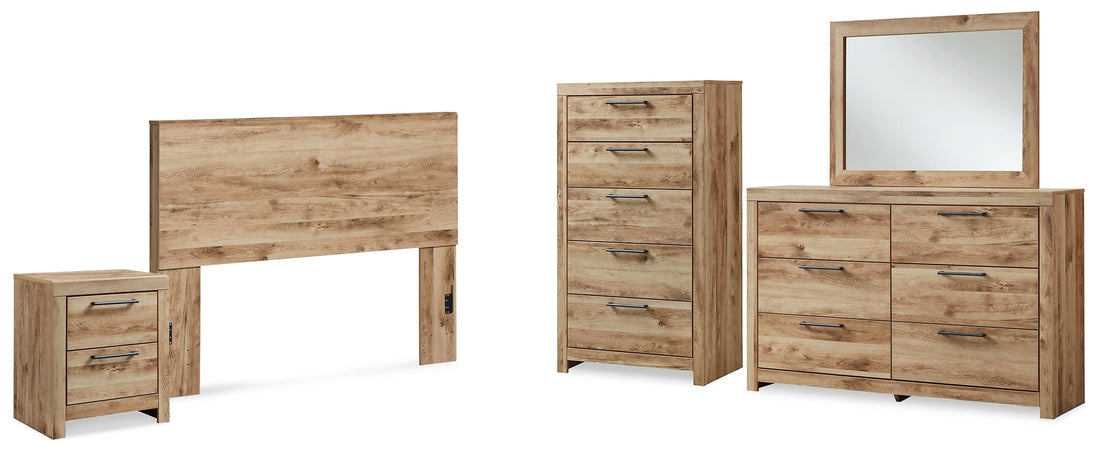 Hyanna Queen Panel Headboard with Mirrored Dresser, Chest and Nightstand in Tan Brown - PKG015288