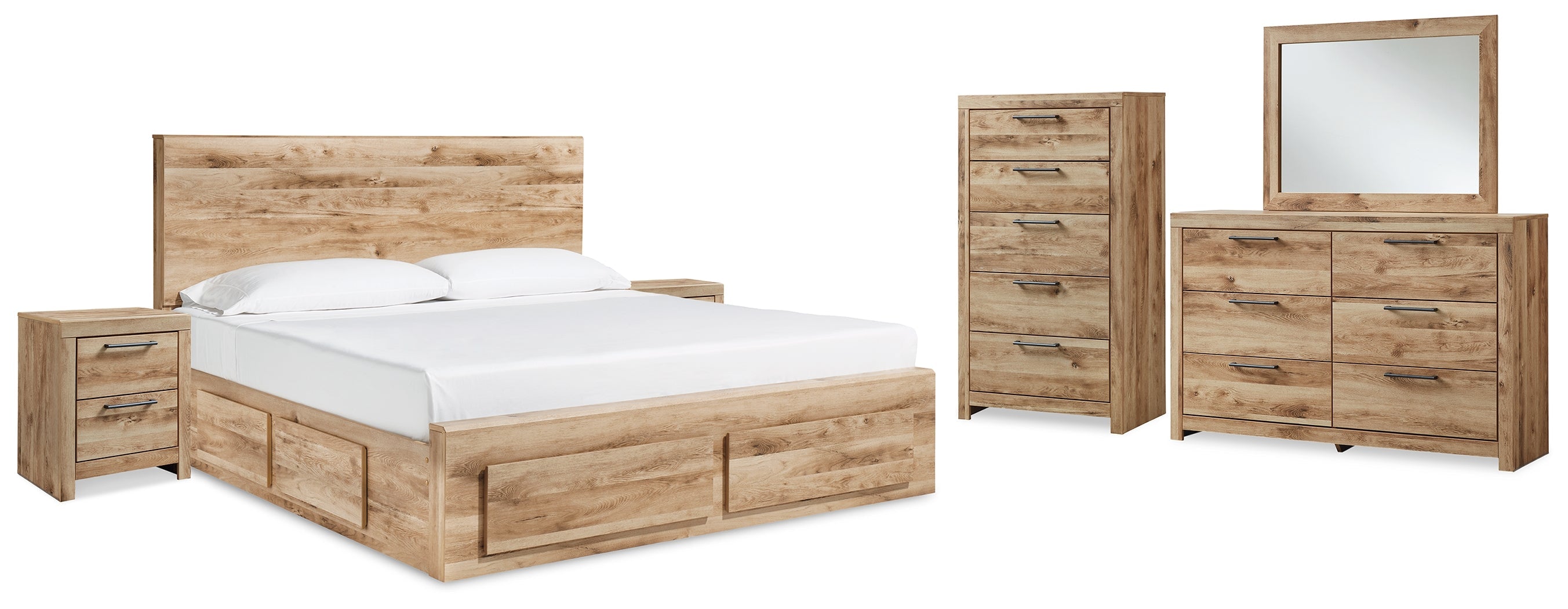 Hyanna Queen Panel Storage Bed with Mirrored Dresser, Chest and 2 Nightstands in Tan Brown - PKG015315