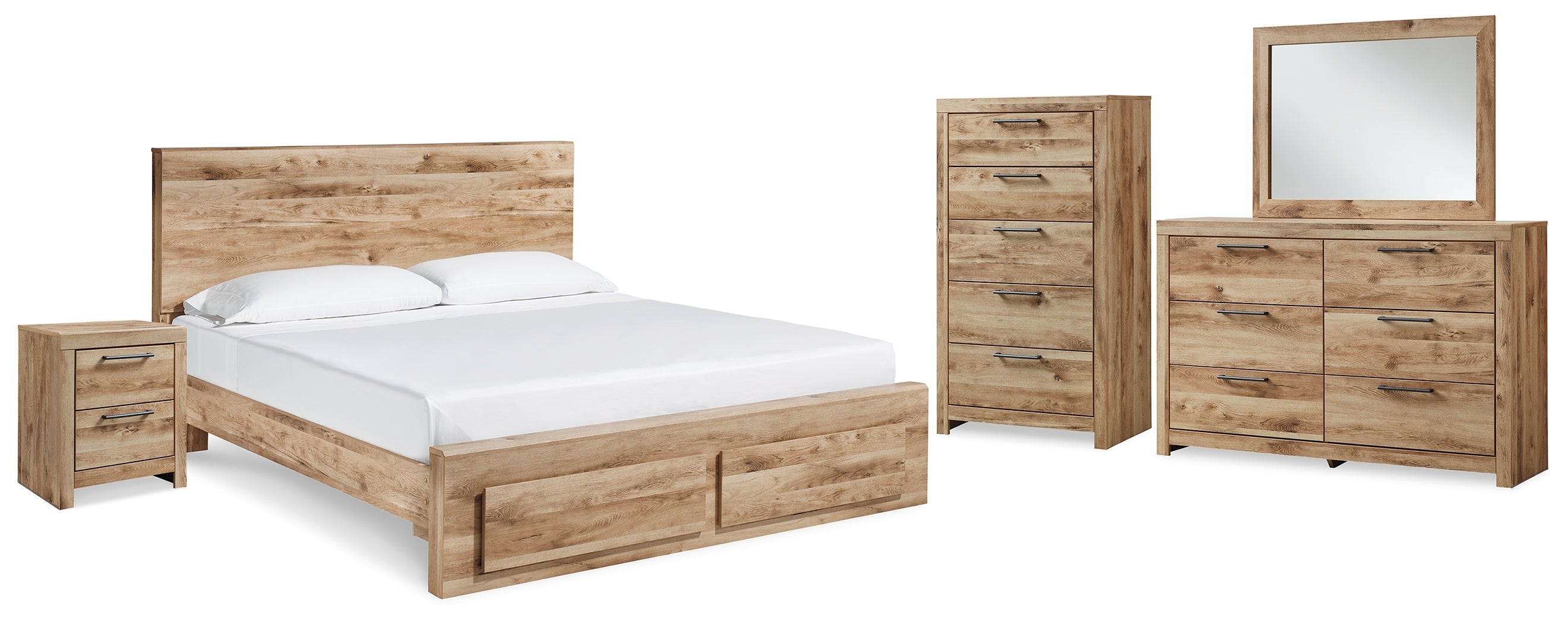 Hyanna Queen Panel Storage Bed with Mirrored Dresser, Chest and Nightstand in Tan Brown - PKG015306