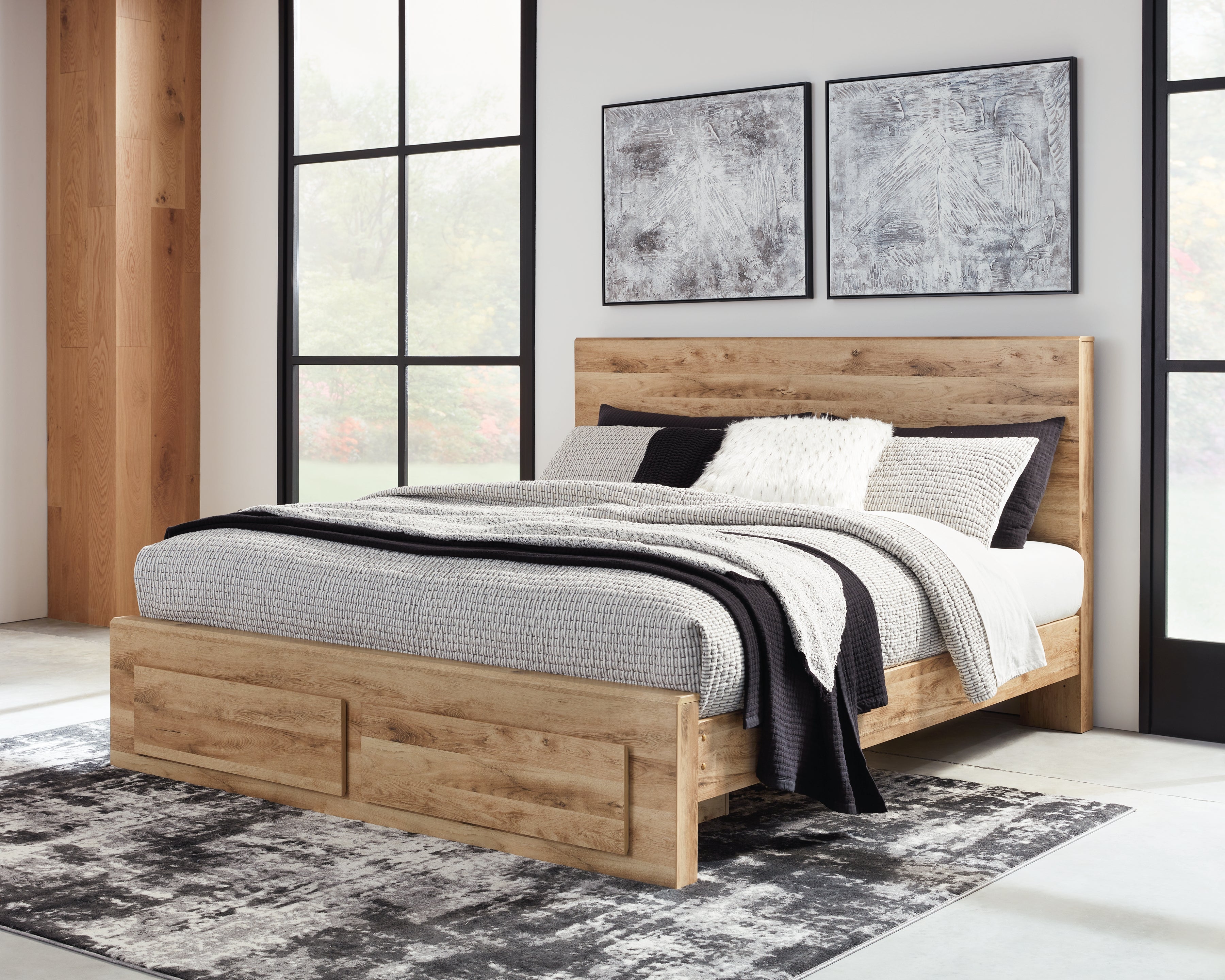 Hyanna Queen Panel Storage Bed with Mirrored Dresser, Chest and Nightstand in Tan Brown - PKG015306