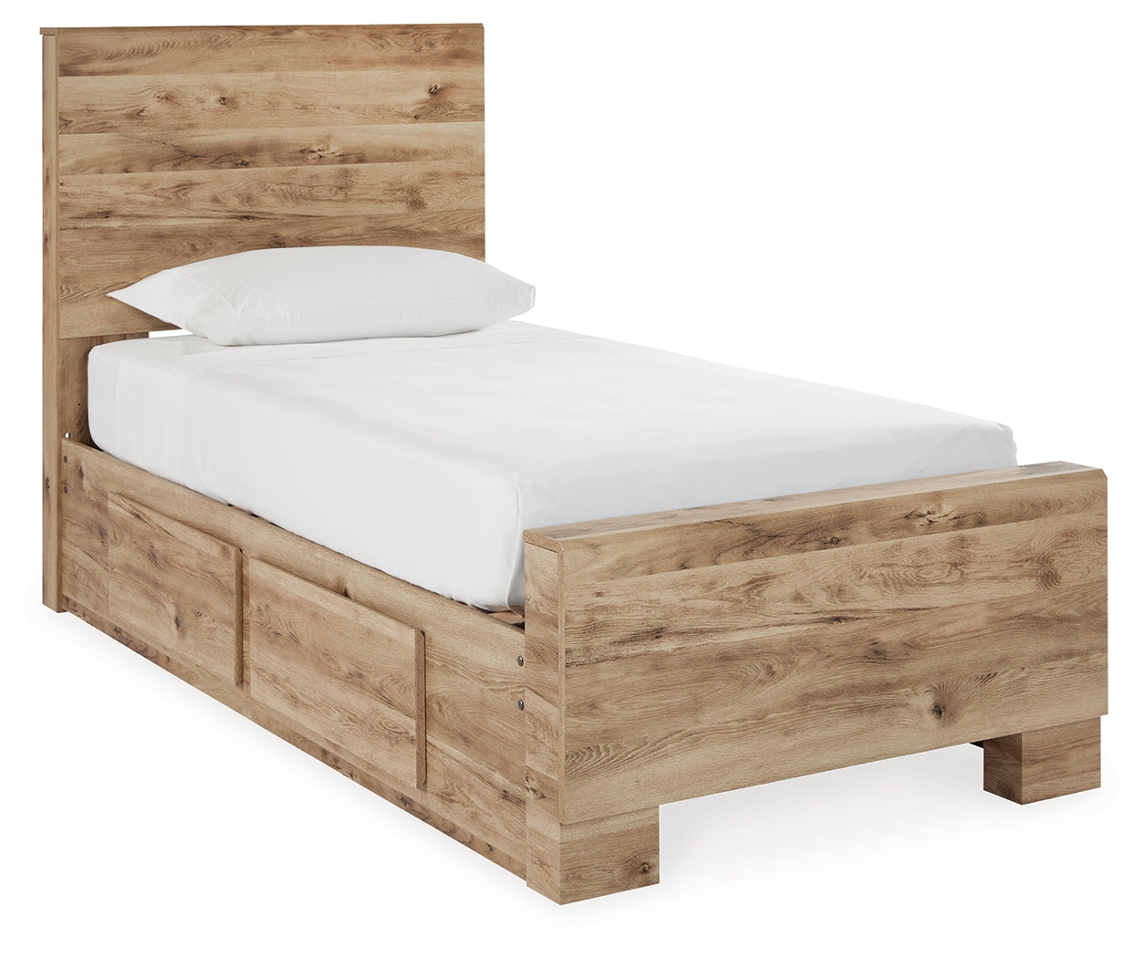 Hyanna Twin Panel Bed with Storage with Mirrored Dresser and Chest in Tan Brown - PKG015371