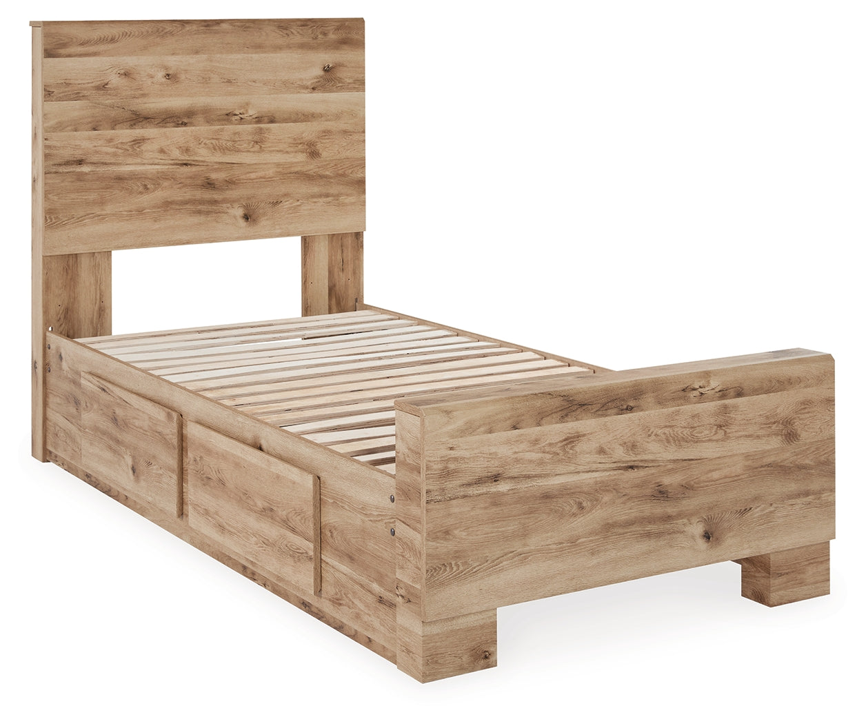 Hyanna Twin Panel Bed with Storage with Mirrored Dresser and Chest in Tan Brown - PKG015371