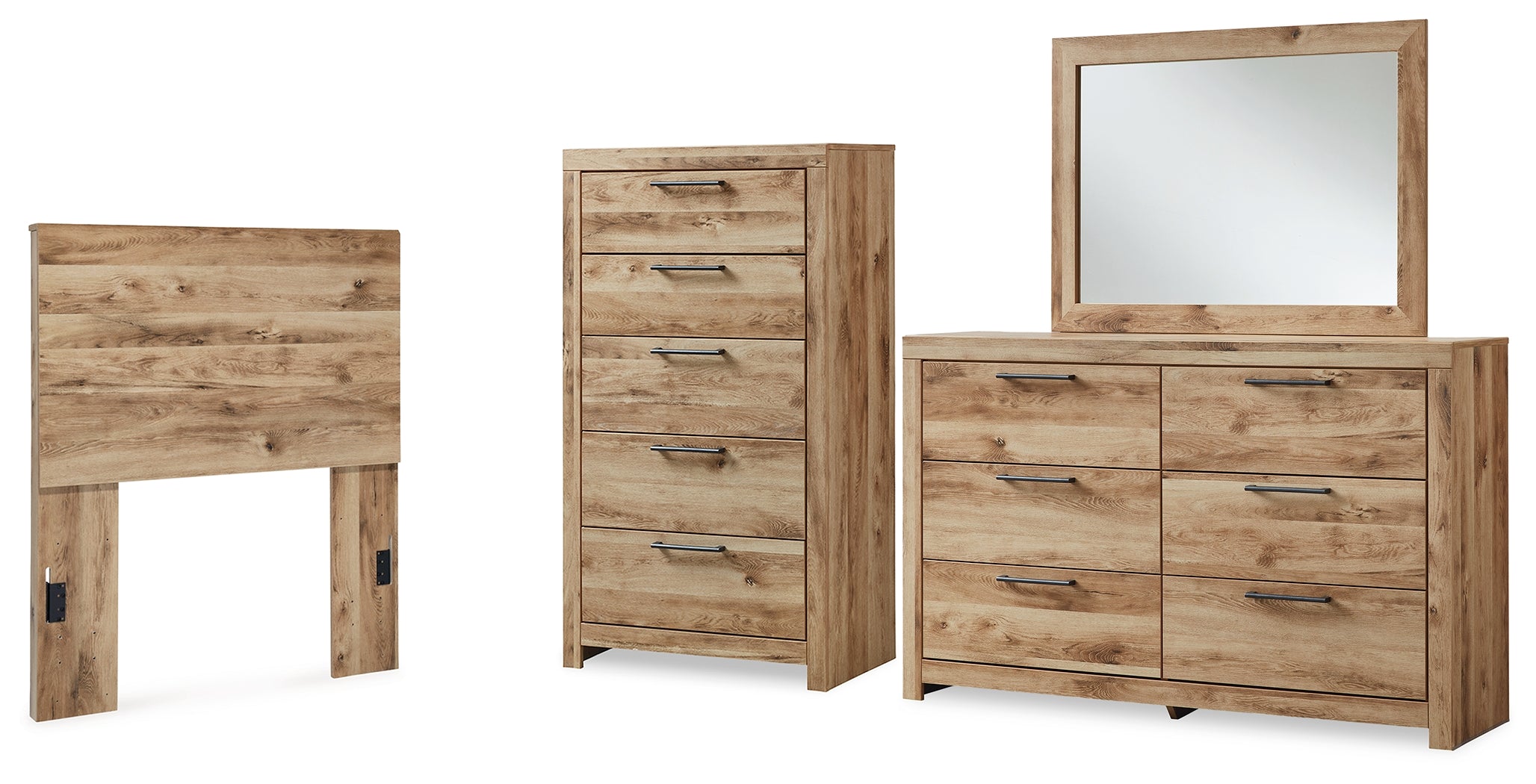 Hyanna Twin Panel Headboard with Mirrored Dresser and Chest in Tan Brown - PKG015275