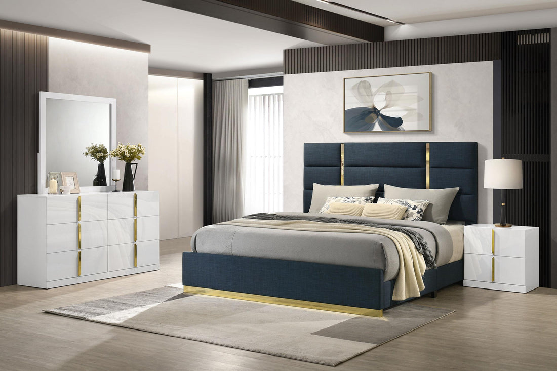 Ines 4-piece Eastern King Bedroom Set Navy and White High Gloss - 223091NVYKE-S4