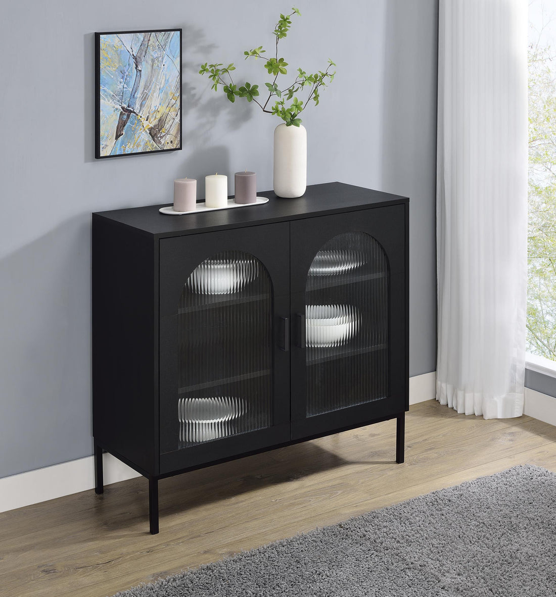 Jess 2-door Arched Fluted Glass Accent Cabinet Black - 950420