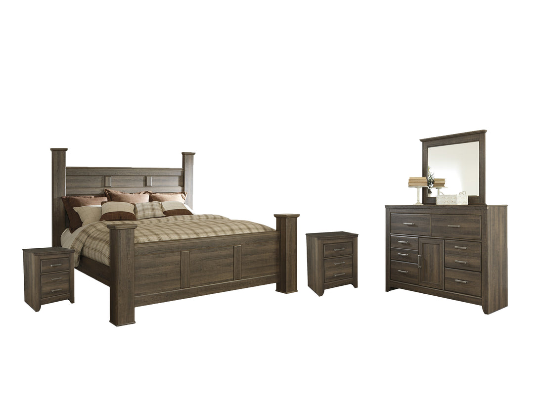 Juararo California King Poster Bed with Mirrored Dresser and 2 Nightstands in Dark Brown from Ashley - Luna Furniture