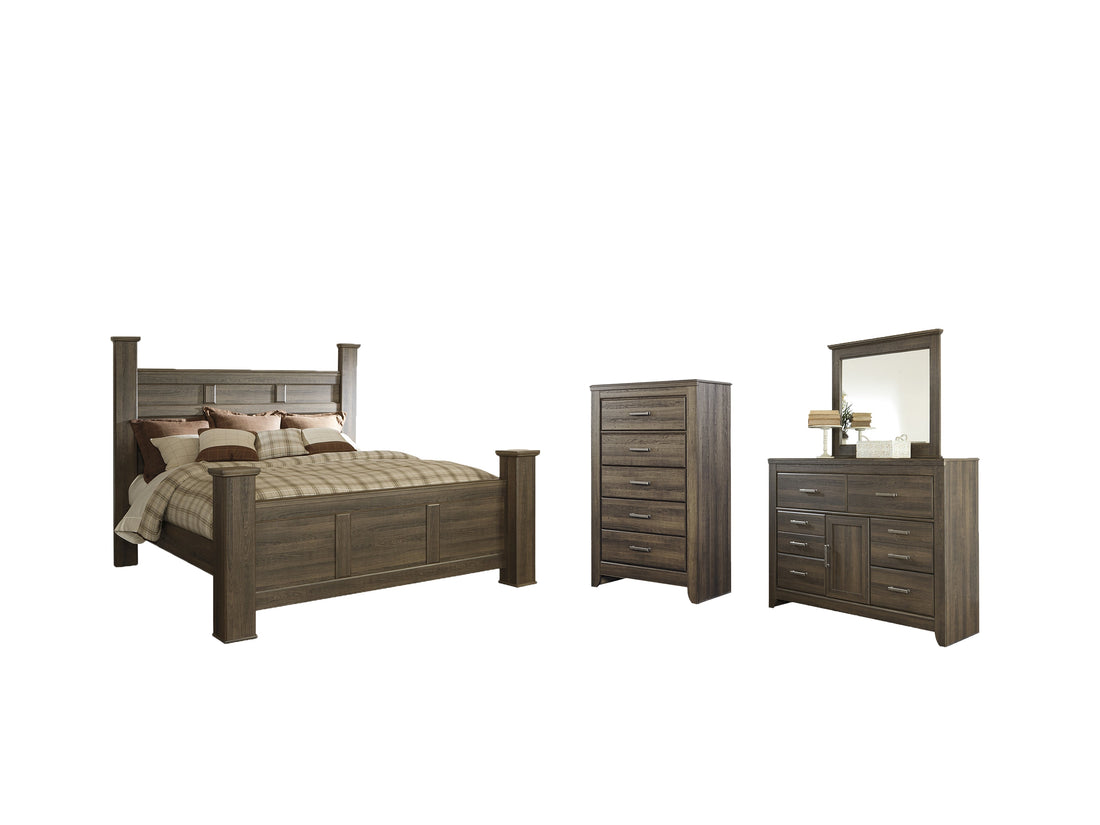 Juararo King Poster Bed with Mirrored Dresser and Chest in Dark Brown from Ashley - Luna Furniture