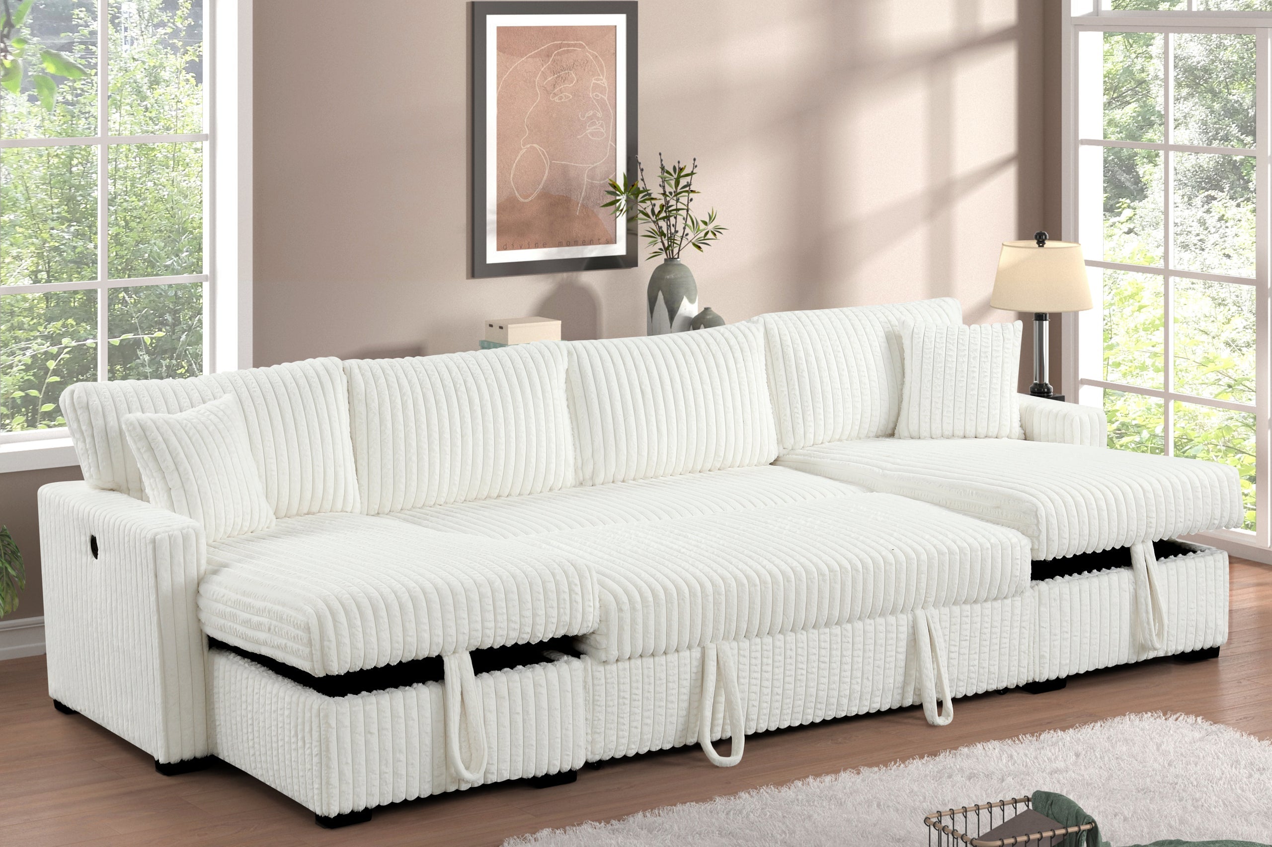 July Beige Double Storage Chaise Sectional (w/ Pull Out Bed) - JULY BEIGE