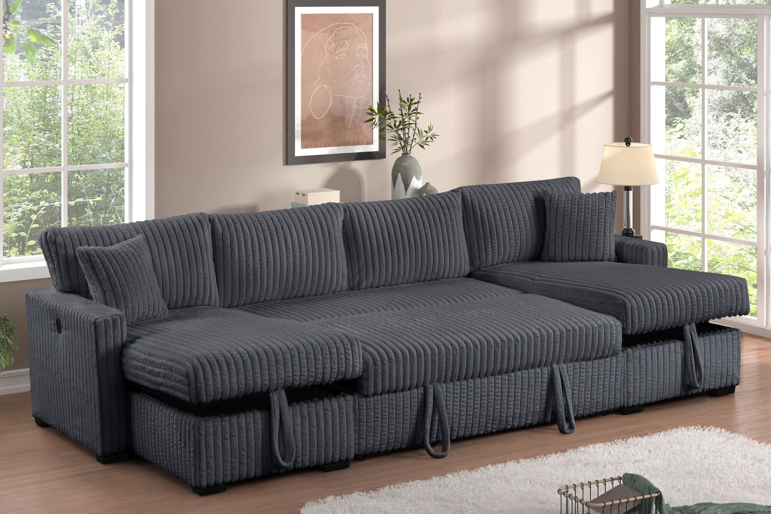 July Charcoal Double Storage Chaise Sectional (w/ Pull Out Bed) - JULY CHARCOAL