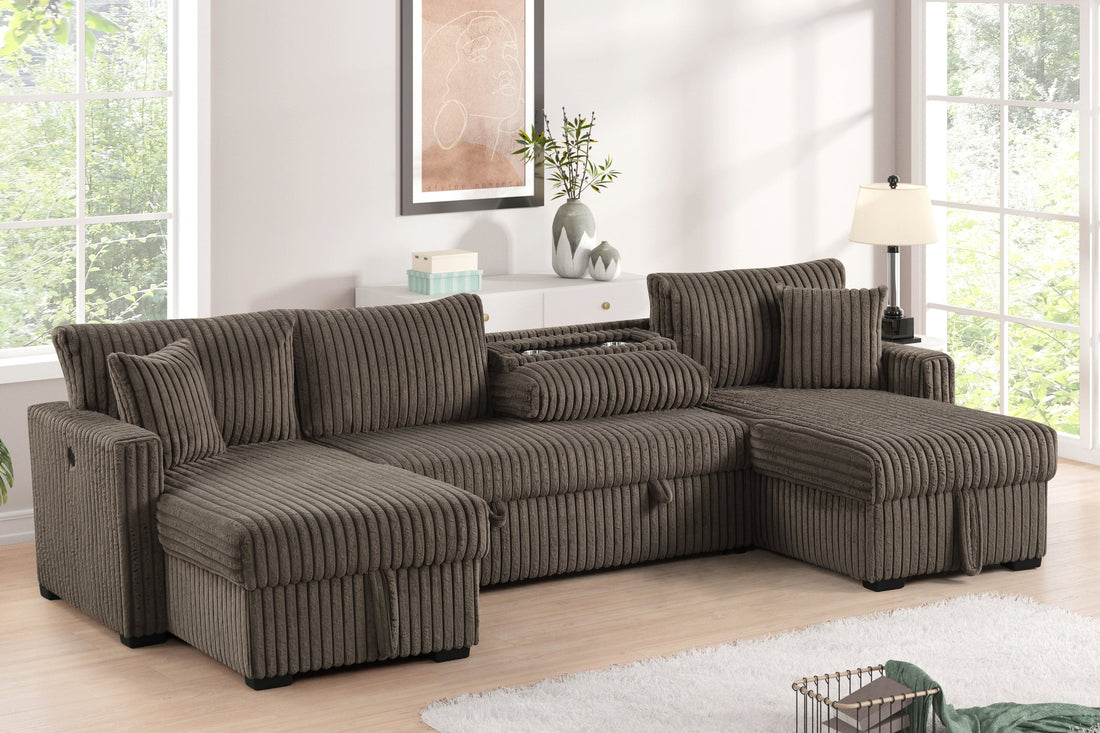 July Mocha Double Storage Chaise Sectional (w/ Pull Out Bed) - JULY MOCHA
