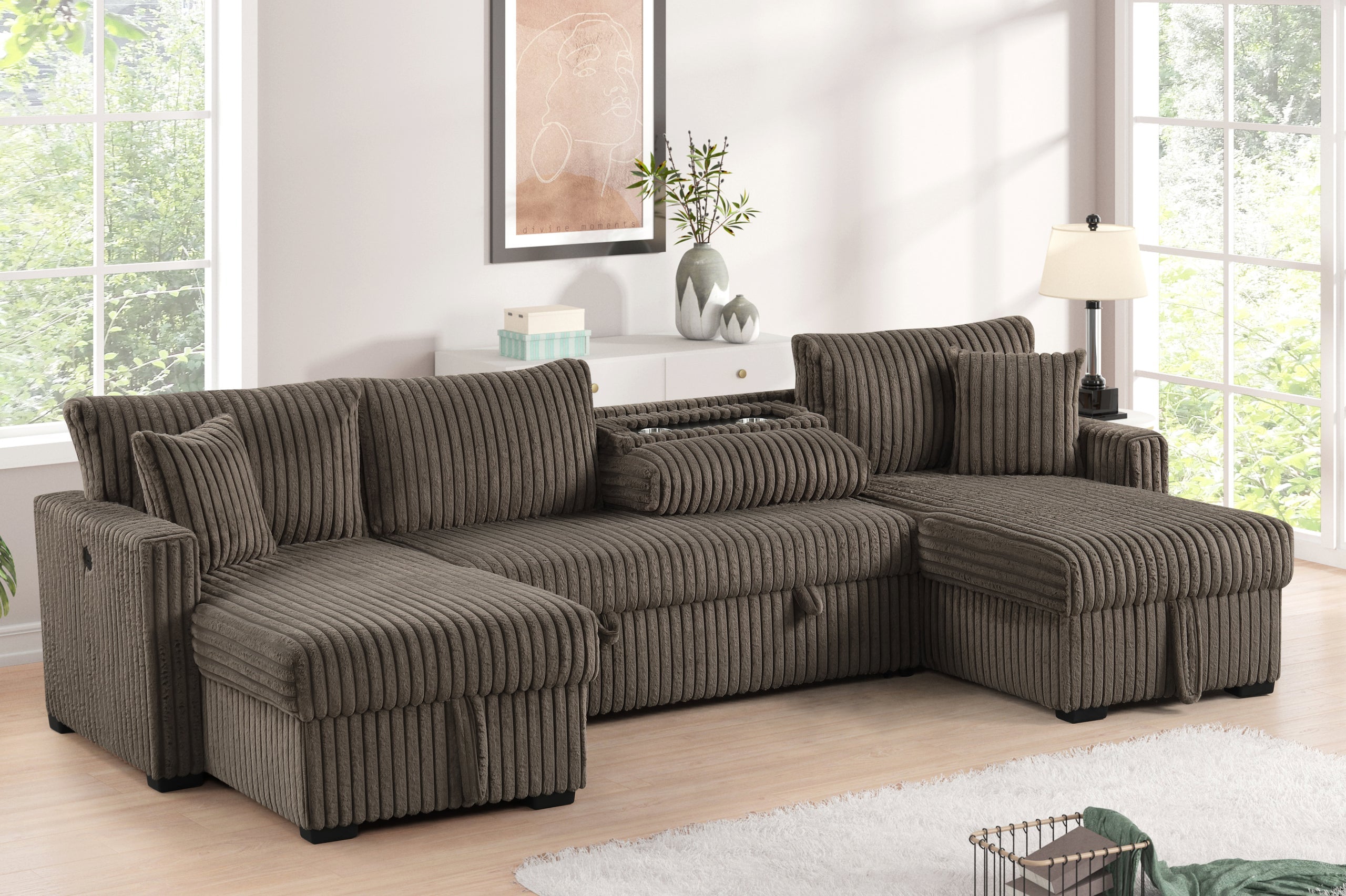 July Mocha Double Storage Chaise Sectional (w/ Pull Out Bed) - JULY MOCHA