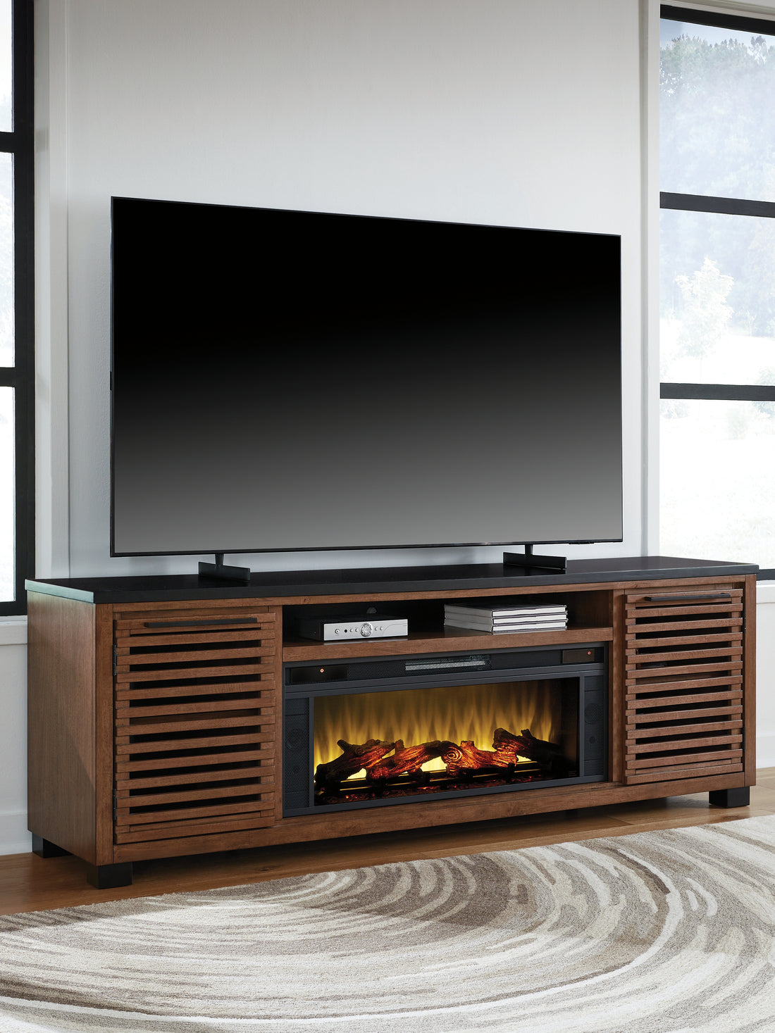 Kallari Warm Brown/Black 84" TV Stand with Electric Fireplace - W737W1
