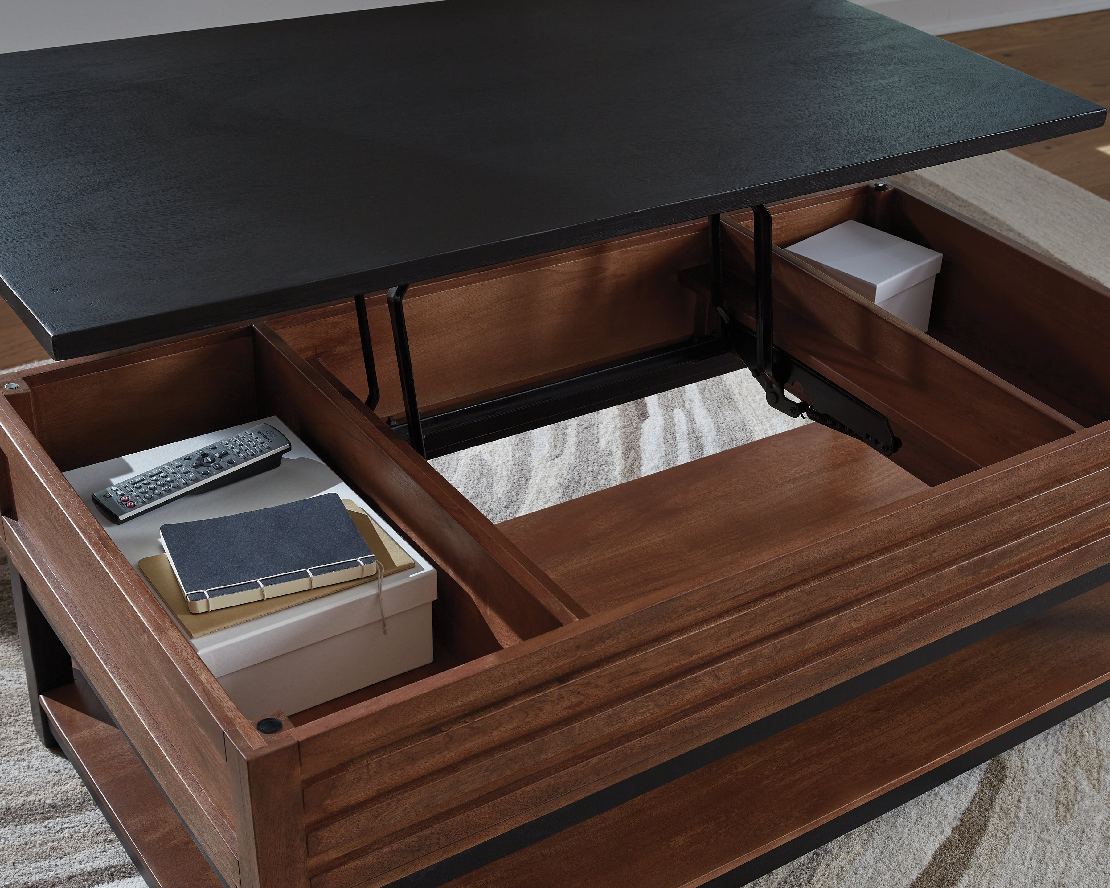 Kallari Warm Brown/Black Lift-Top Coffee Table - T737-9