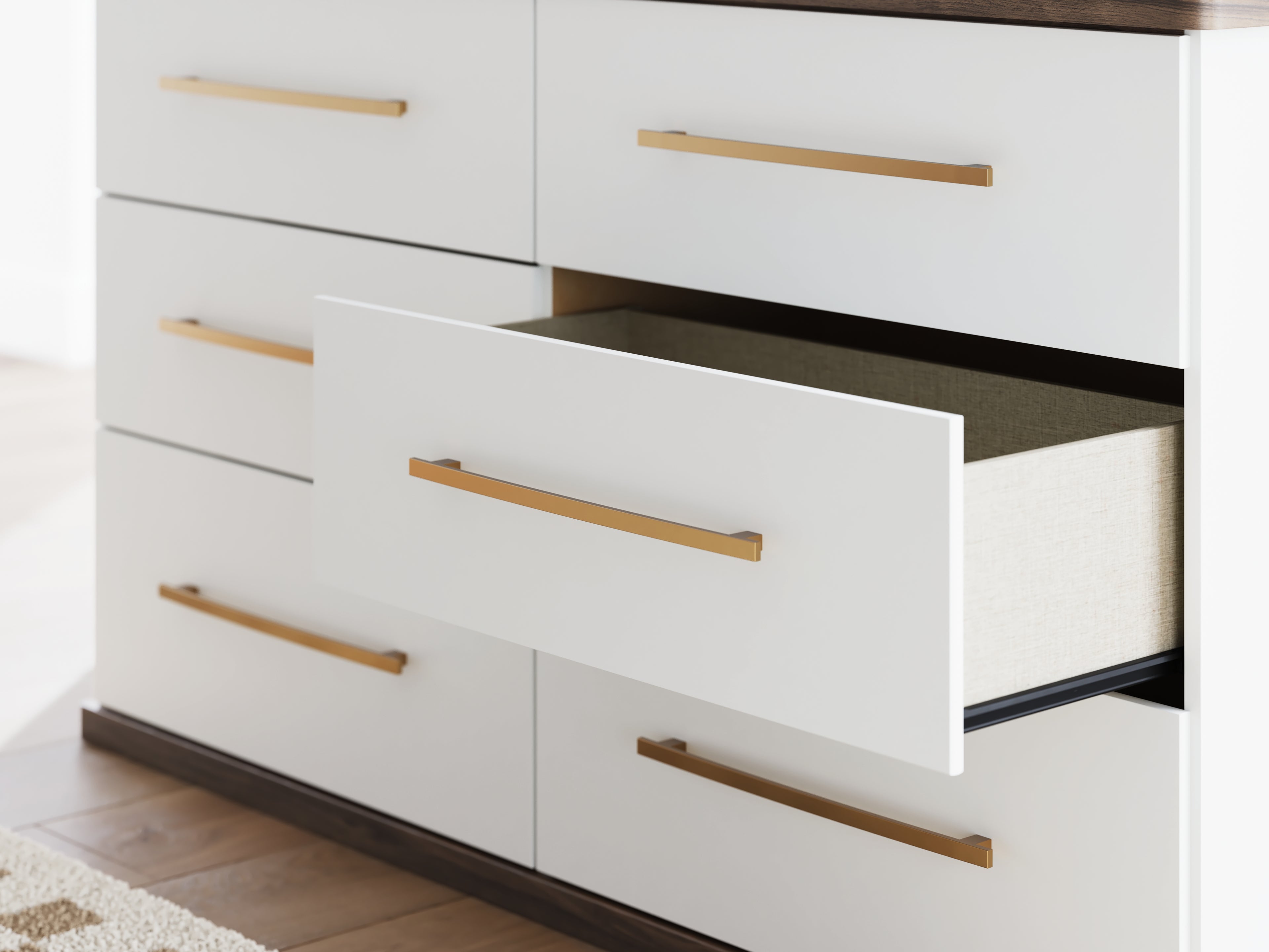 Kendanport White/Brown King Upholstered Bed, Dresser and Nightstand - PCB1108B11