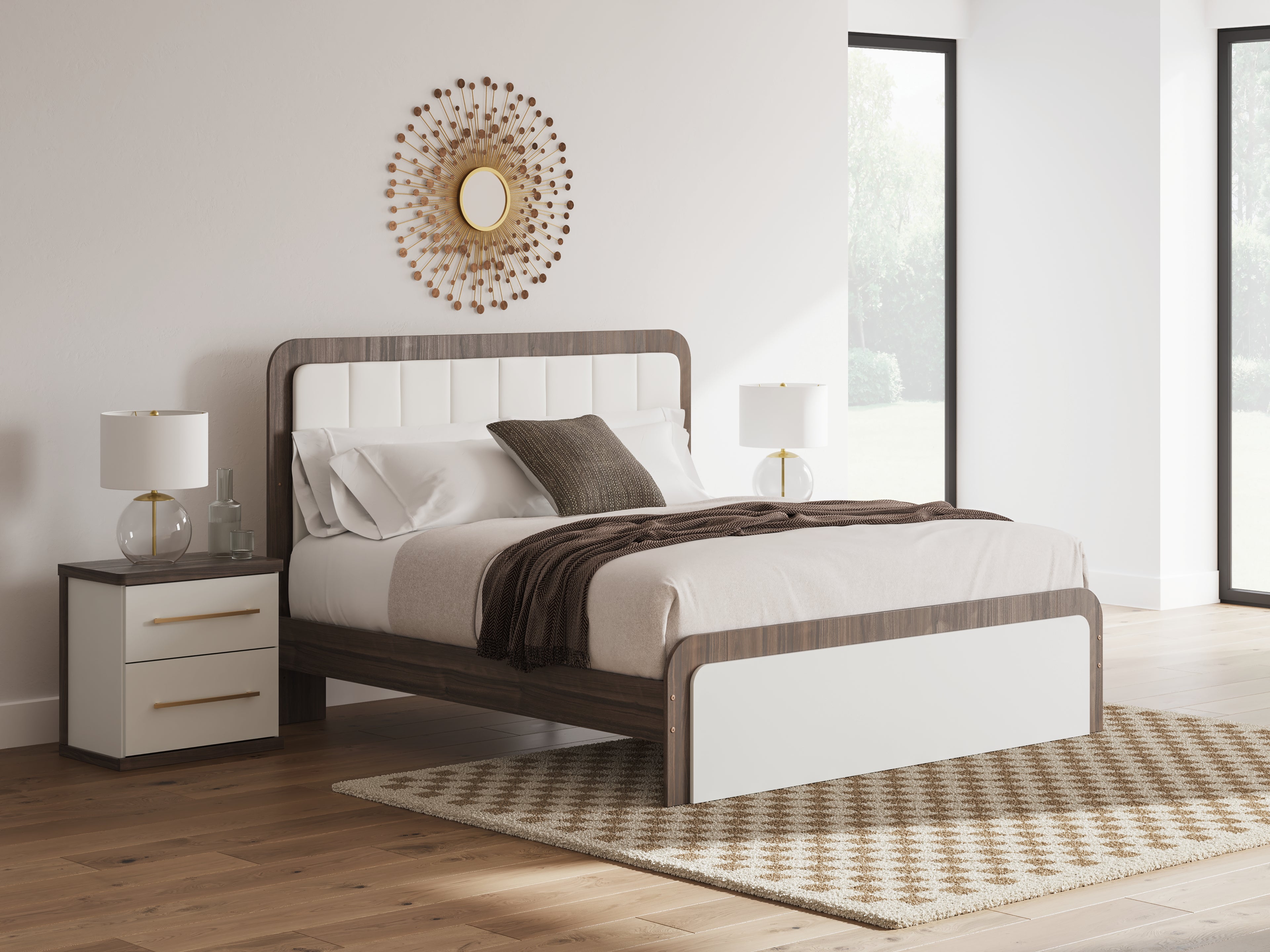 Kendanport White/Brown King Upholstered Bed, Dresser and Nightstand - PCB1108B11