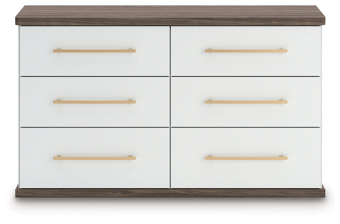 Kendanport White/Brown Queen Upholstered Bed, Dresser and Nightstand - PCB1108B9