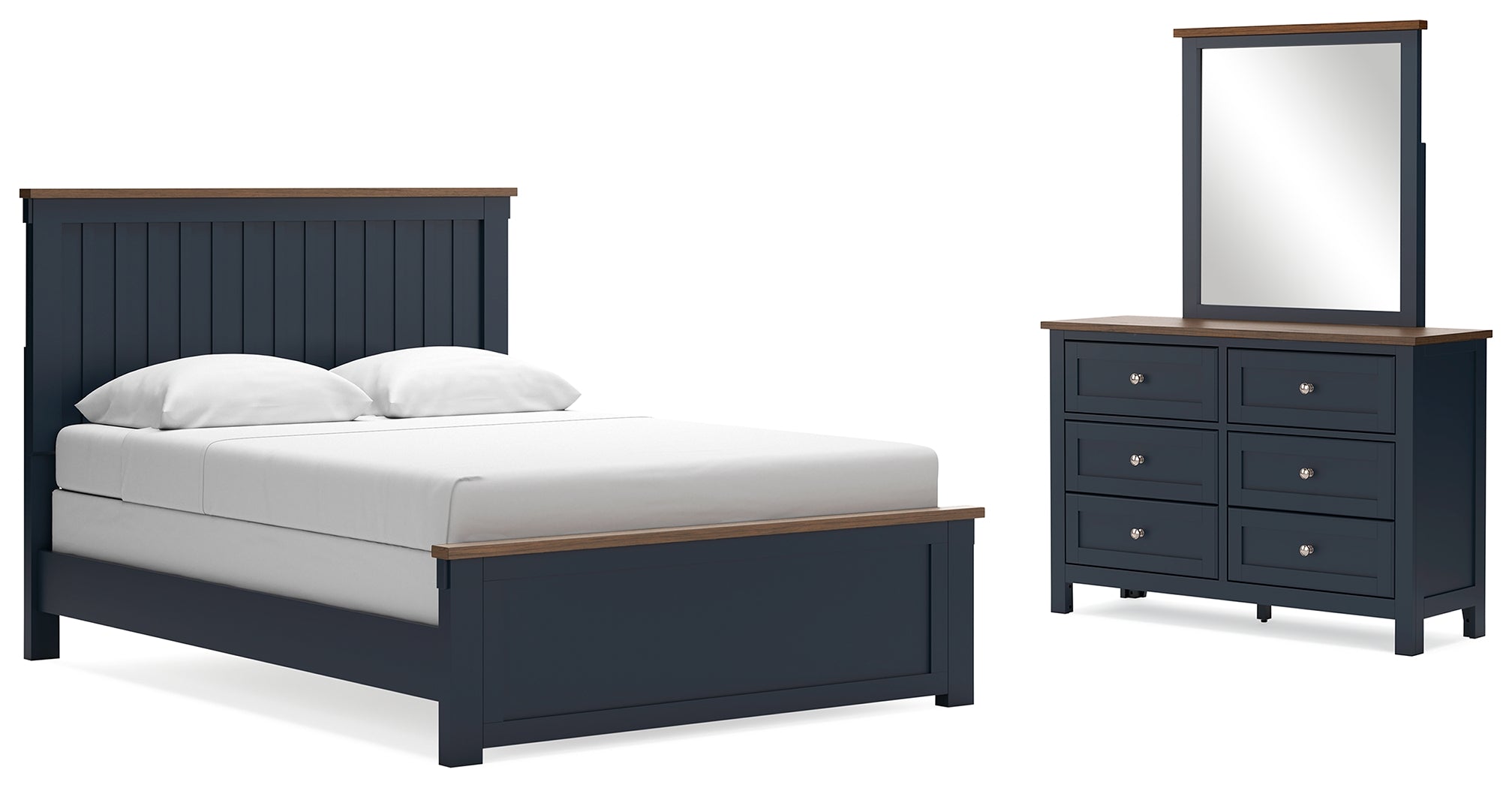 Landocken Brown/Blue Queen Panel Bed, Dresser and Mirror - B414B11