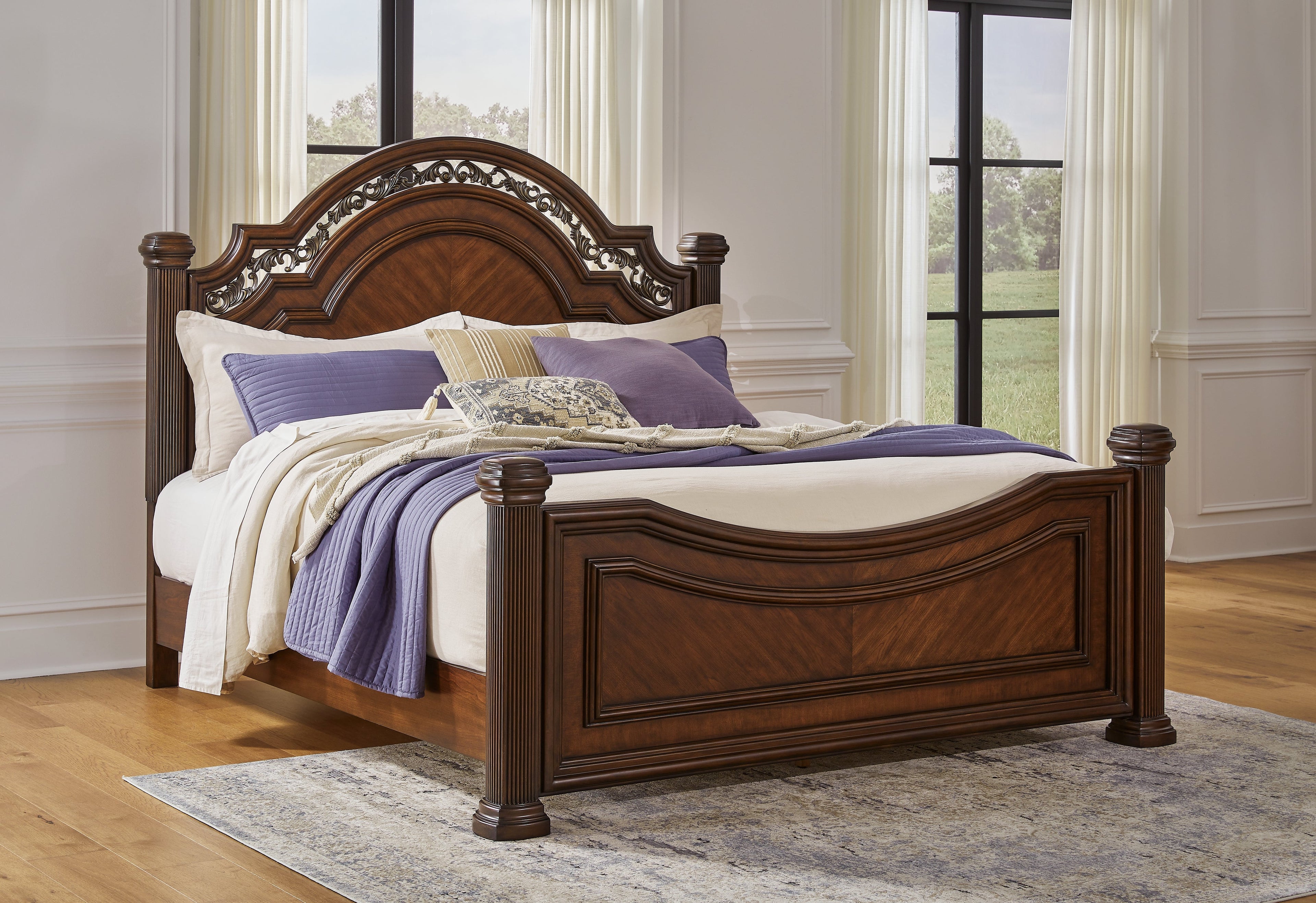 Lavinton King Poster Bed with Mirrored Dresser and 2 Nightstands in Brown from Ashley - Luna Furniture