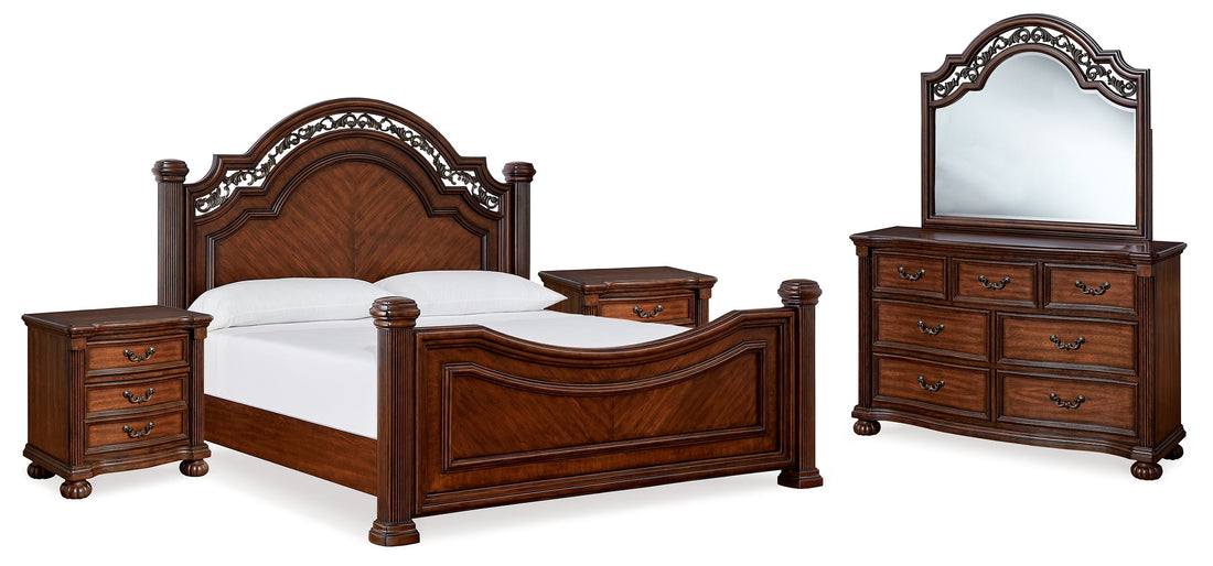 Lavinton King Poster Bed with Mirrored Dresser and Nightstand in Brown from Ashley - Luna Furniture