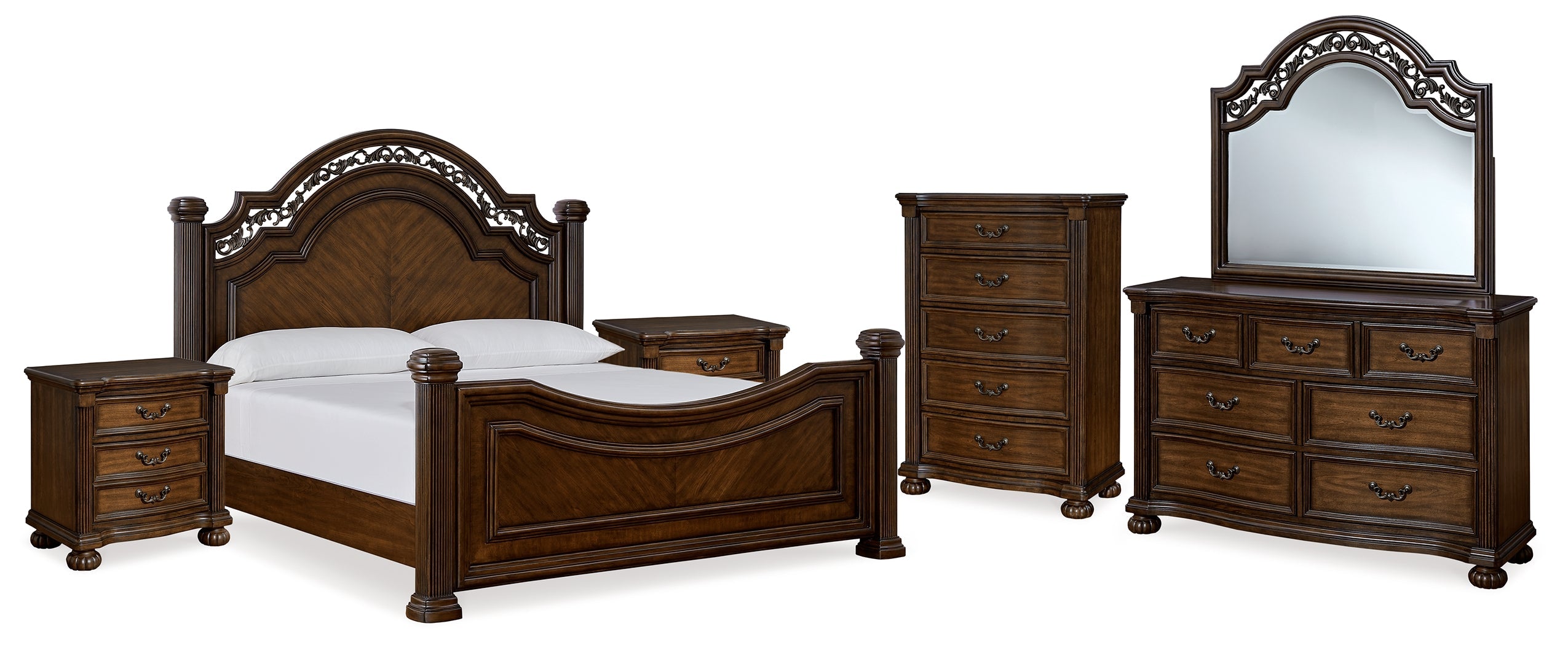 Lavinton King Poster Bed with Mirrored Dresser, Chest and 2 Nightstands in Brown from Ashley - Luna Furniture