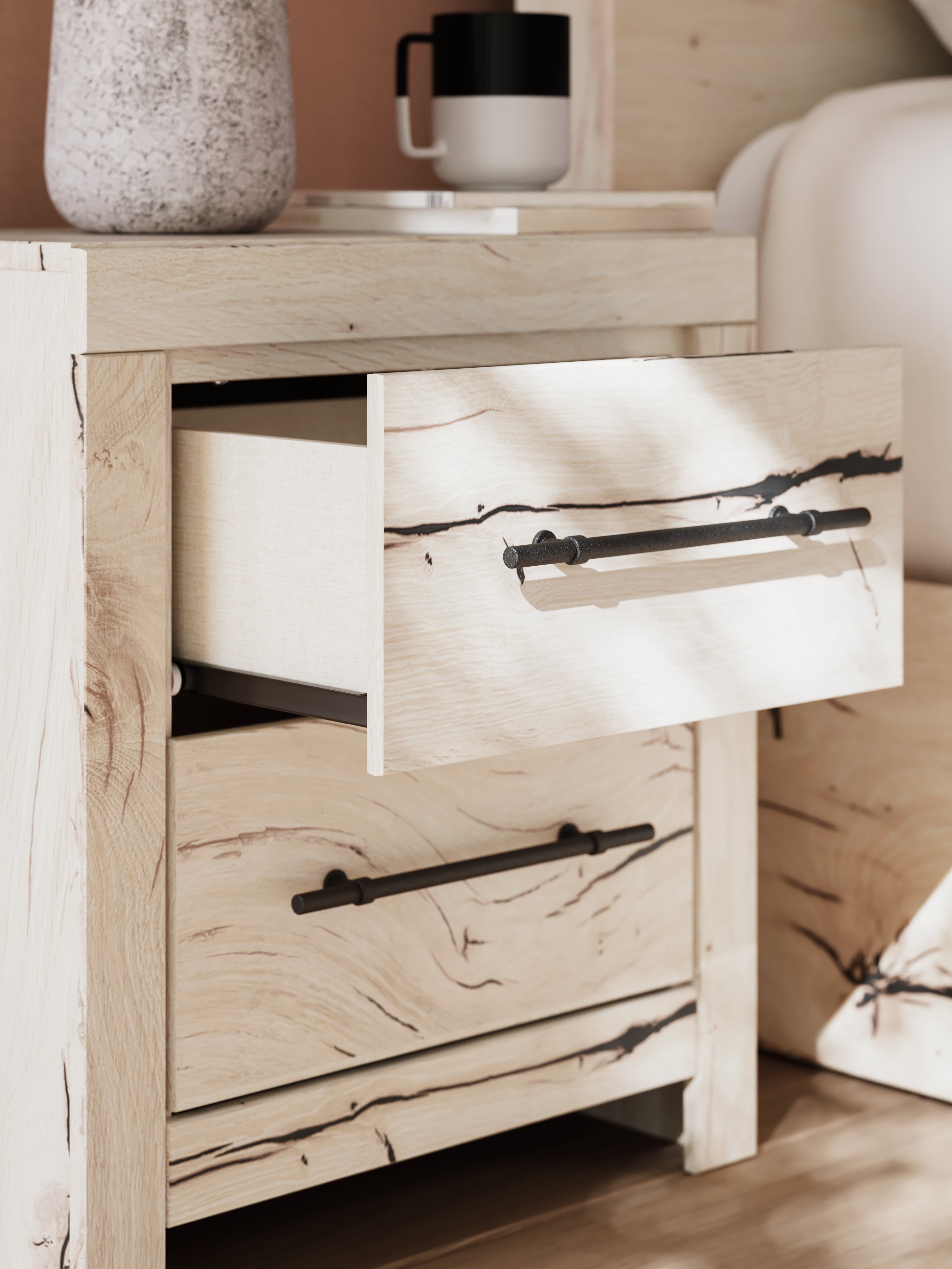 Lawroy Full Panel Headboard with Mirrored Dresser, Chest and 2 Nightstands in Light Natural from Ashley - Luna Furniture