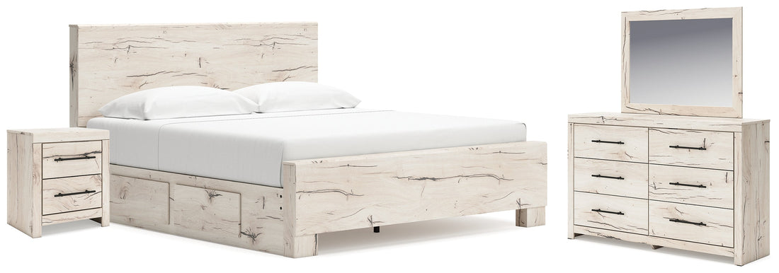 Lawroy King Panel Bed with Mirrored Dresser and Nightstand in Light Natural from Ashley - Luna Furniture