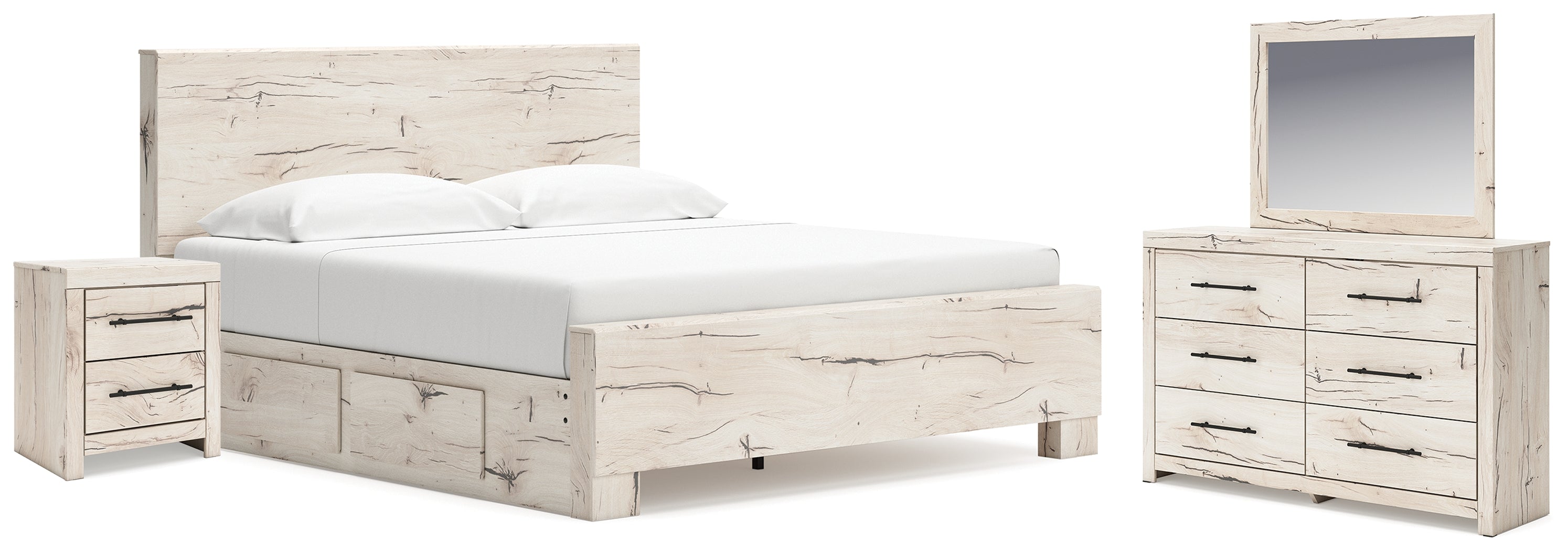 Lawroy King Panel Bed with Mirrored Dresser and Nightstand in Light Natural from Ashley - Luna Furniture