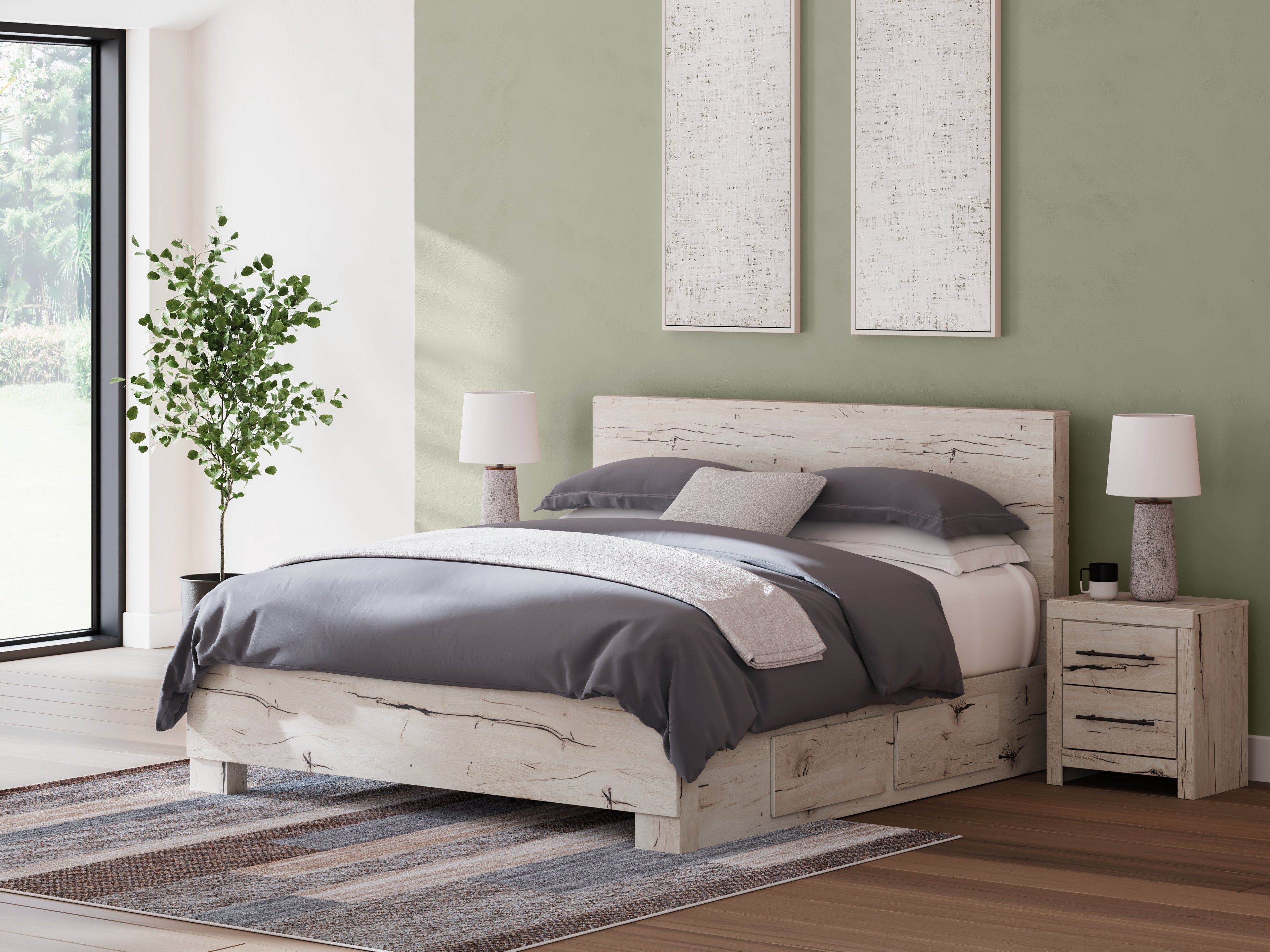 Lawroy King Panel Bed with Mirrored Dresser and Nightstand in Light Natural from Ashley - Luna Furniture