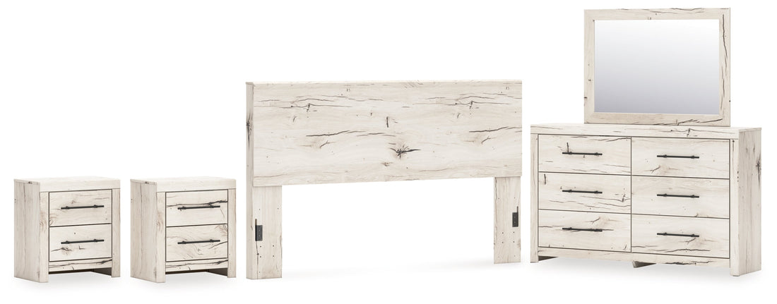Lawroy King Panel Headboard with Mirrored Dresser and 2 Nightstands in Light Natural from Ashley - Luna Furniture