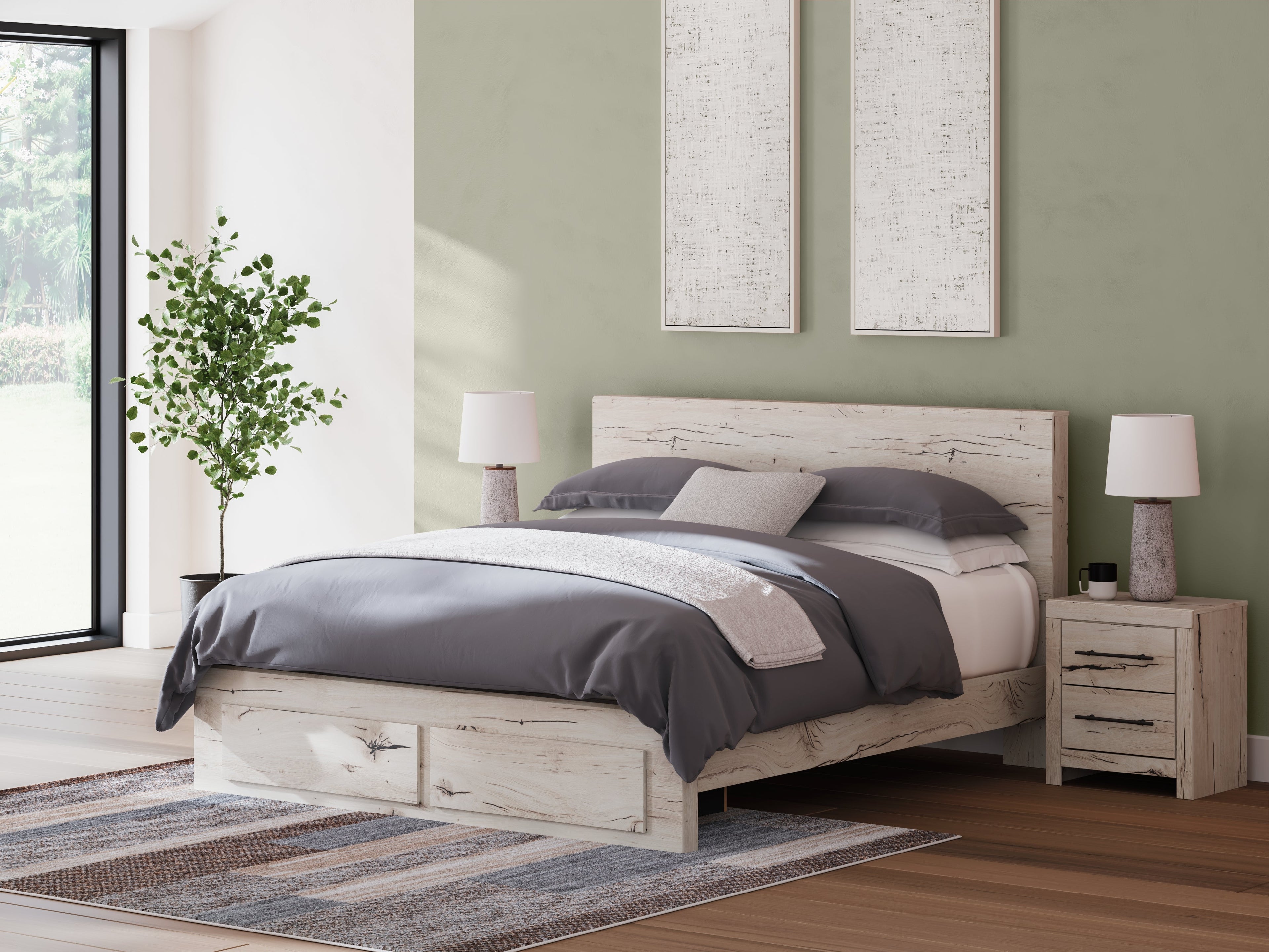 Lawroy King Panel Storage Bed with Mirrored Dresser, Chest and Nightstand in Light Natural from Ashley - Luna Furniture