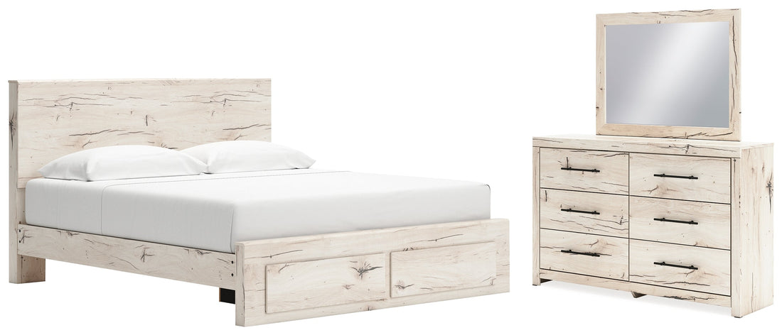 Lawroy King Panel Storage Bed with Mirrored Dresser in Light Natural - PKG020176