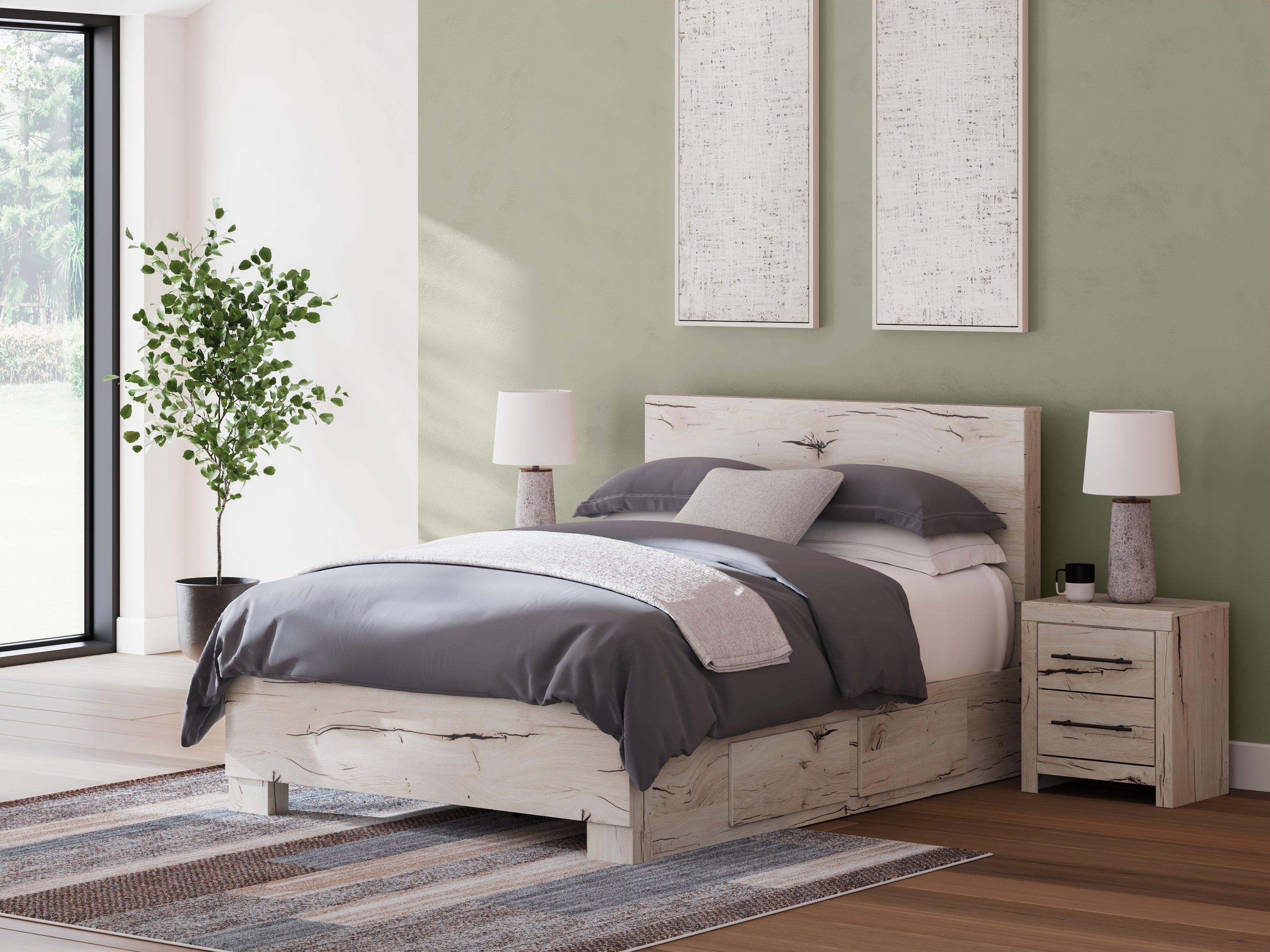 Lawroy Queen Panel Bed with Mirrored Dresser and Nightstand in Light Natural from Ashley - Luna Furniture