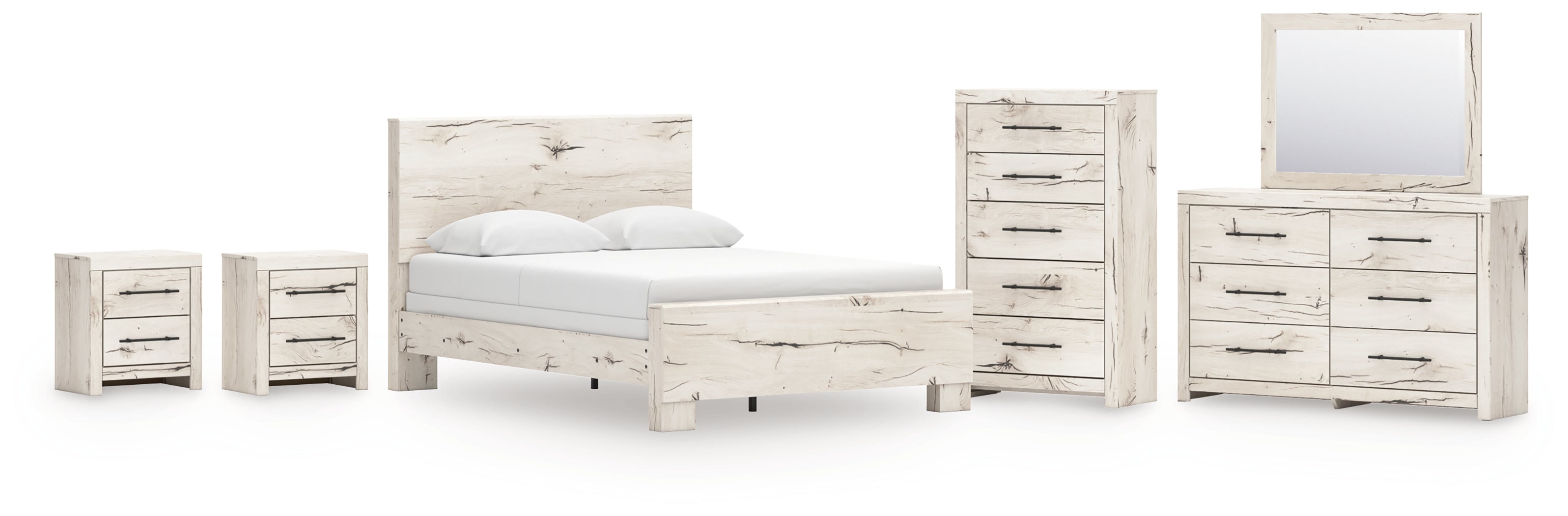 Lawroy Queen Panel Bed with Mirrored Dresser, Chest and 2 Nightstands in Light Natural from Ashley - Luna Furniture
