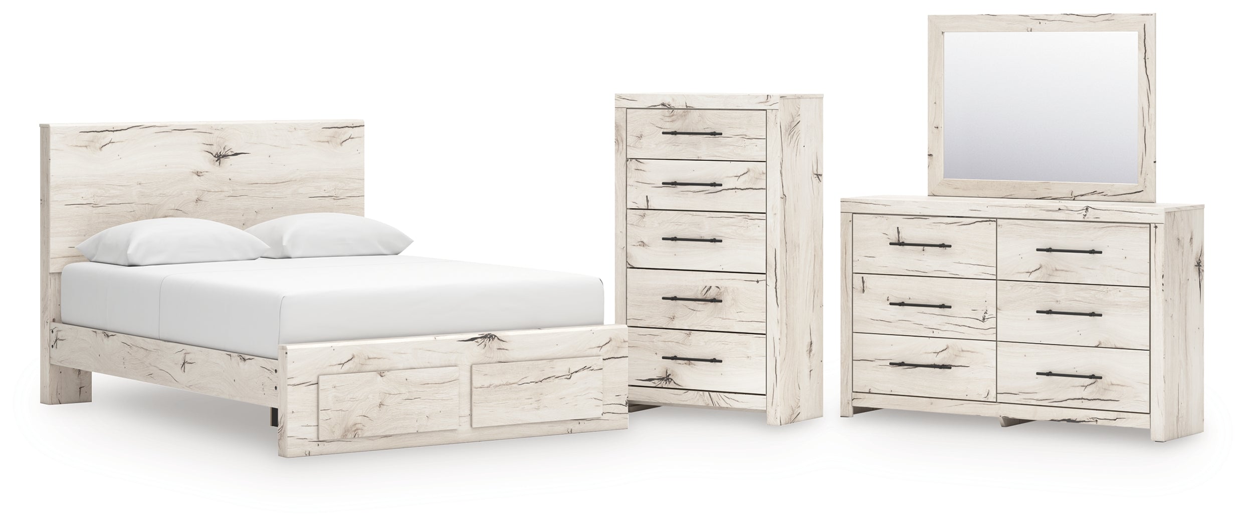 Lawroy Queen Panel Storage Bed with Mirrored Dresser and Chest in Light Natural from Ashley - Luna Furniture
